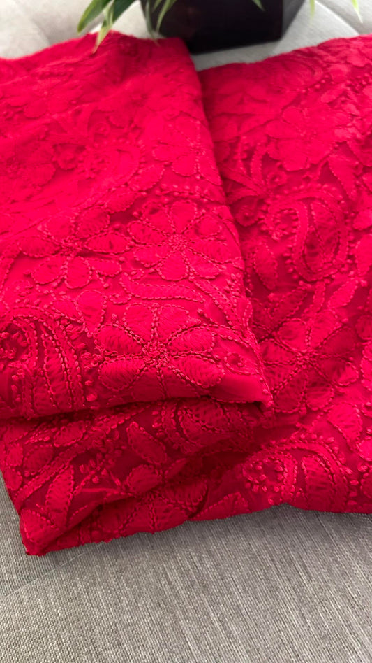 Red Georgette Resham Chikankari Kurti Fabric (Only Kurti)