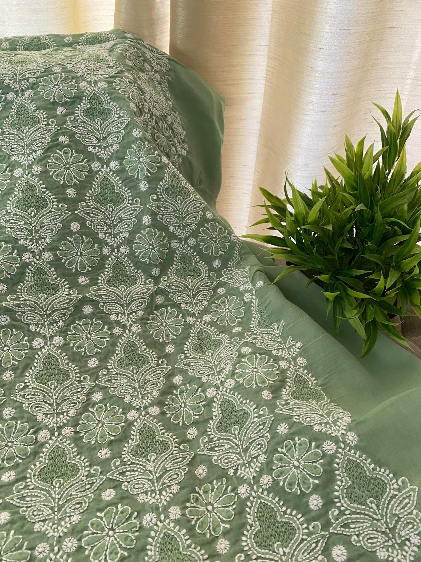 Green Cotton Hand Jaali Chikankari Kurti Fabric (Only Kurti)