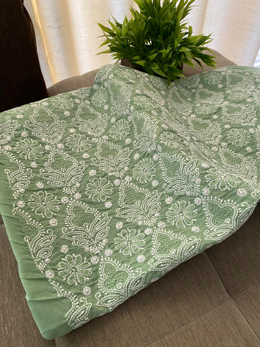 Green Cotton Hand Jaali Chikankari Kurti Fabric (Only Kurti)