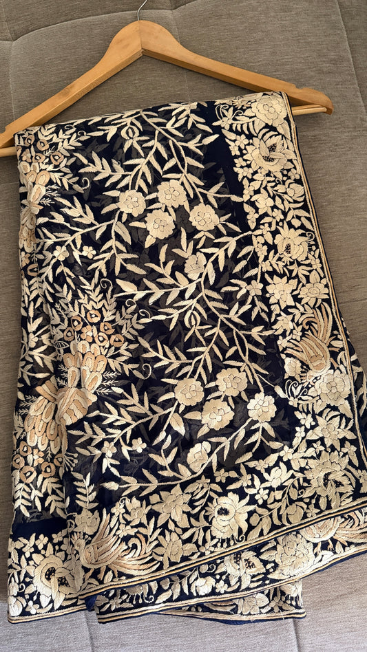 Elegant Navy Hand Embroidered Parsi Gara Dupatta