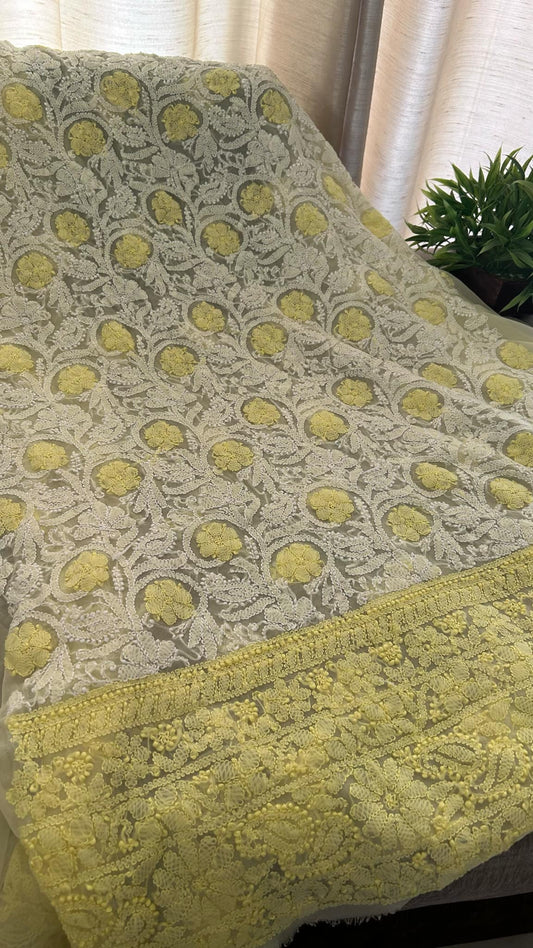 Lemon Yellow Georgette Chikankari Kurti Fabric (Only Kurti)