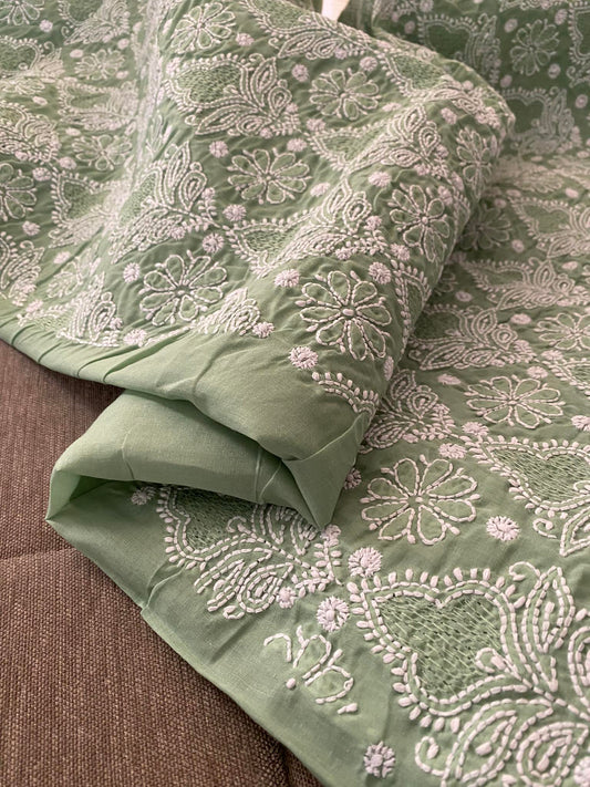 Green Cotton Hand Jaali Chikankari Kurti Fabric (Only Kurti)
