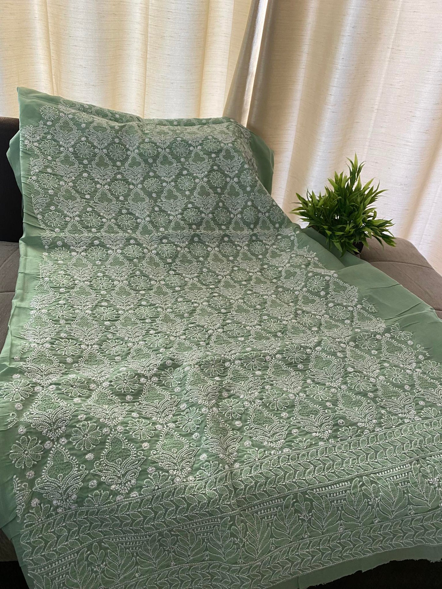 Green Cotton Hand Jaali Chikankari Kurti Fabric (Only Kurti)