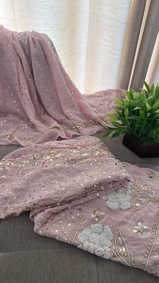 Pastel Pink Party Wear Pearl & Mukaish Anarkali Suit