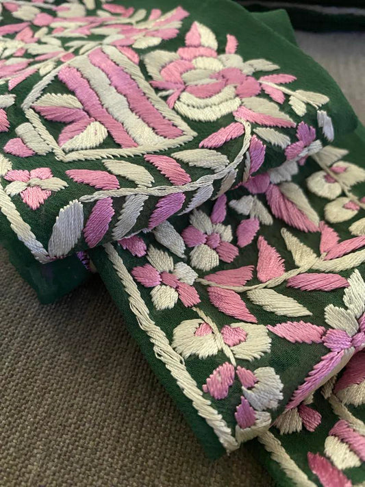 Green & Multicolour Parsi Gara Hand Embroidered Border
