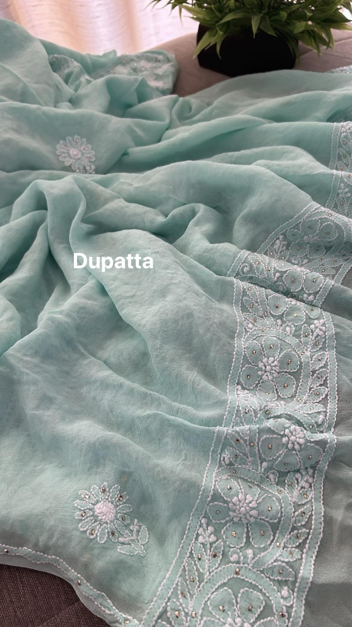 Sea Green Lucknowi Mukaish Pure Georgette Suit (Kurta & Dupatta)