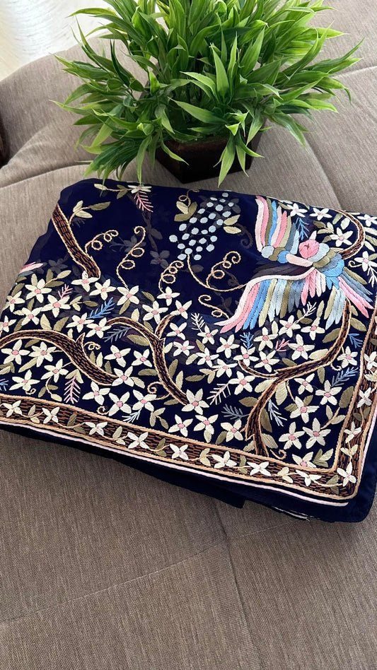 Pre Order Navy Multicolour Parsi Gara Dupatta