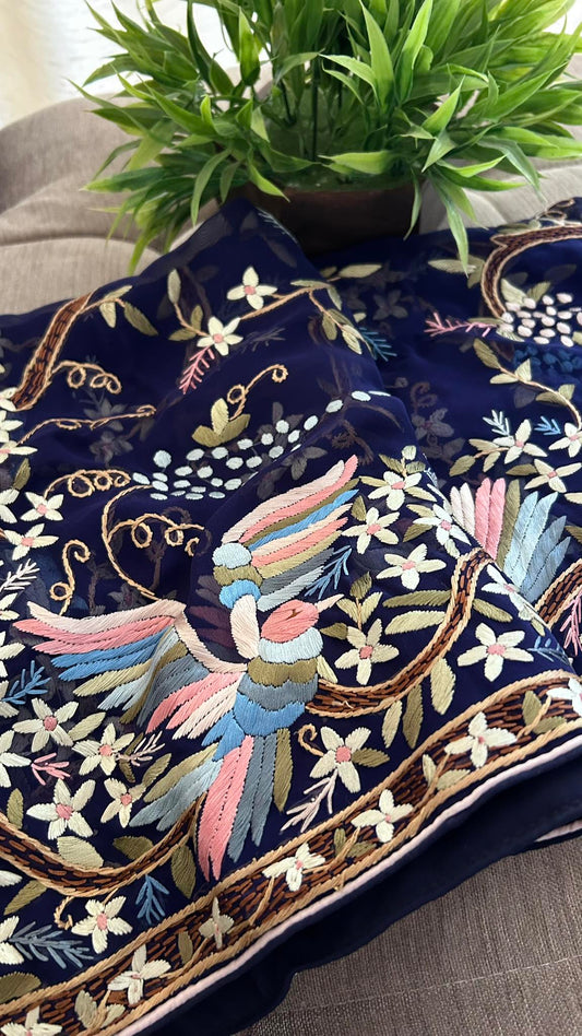 Pre Order Navy Multicolour Parsi Gara Dupatta