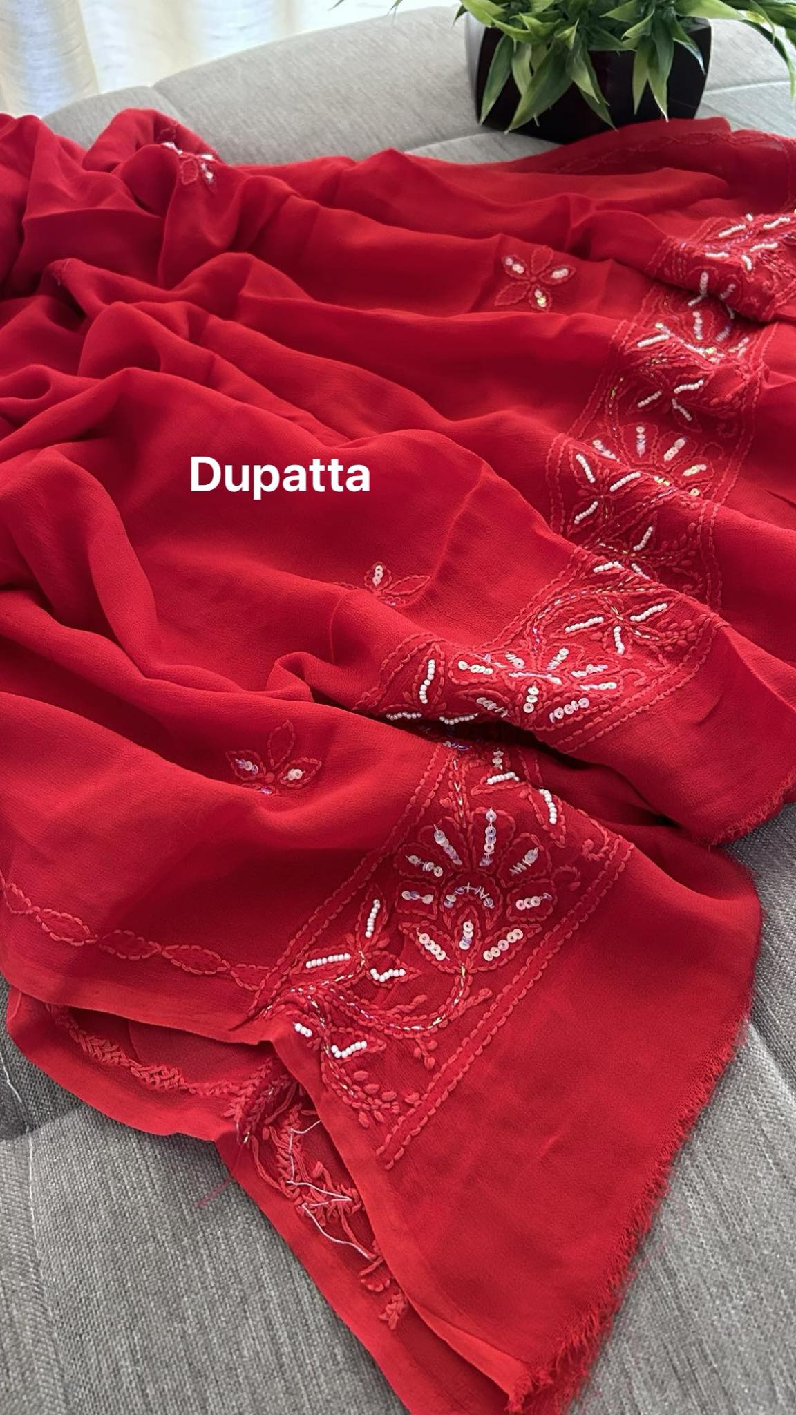 Red Pearl Lucknowi Chikankari Suit (Kurta & Dupatta)