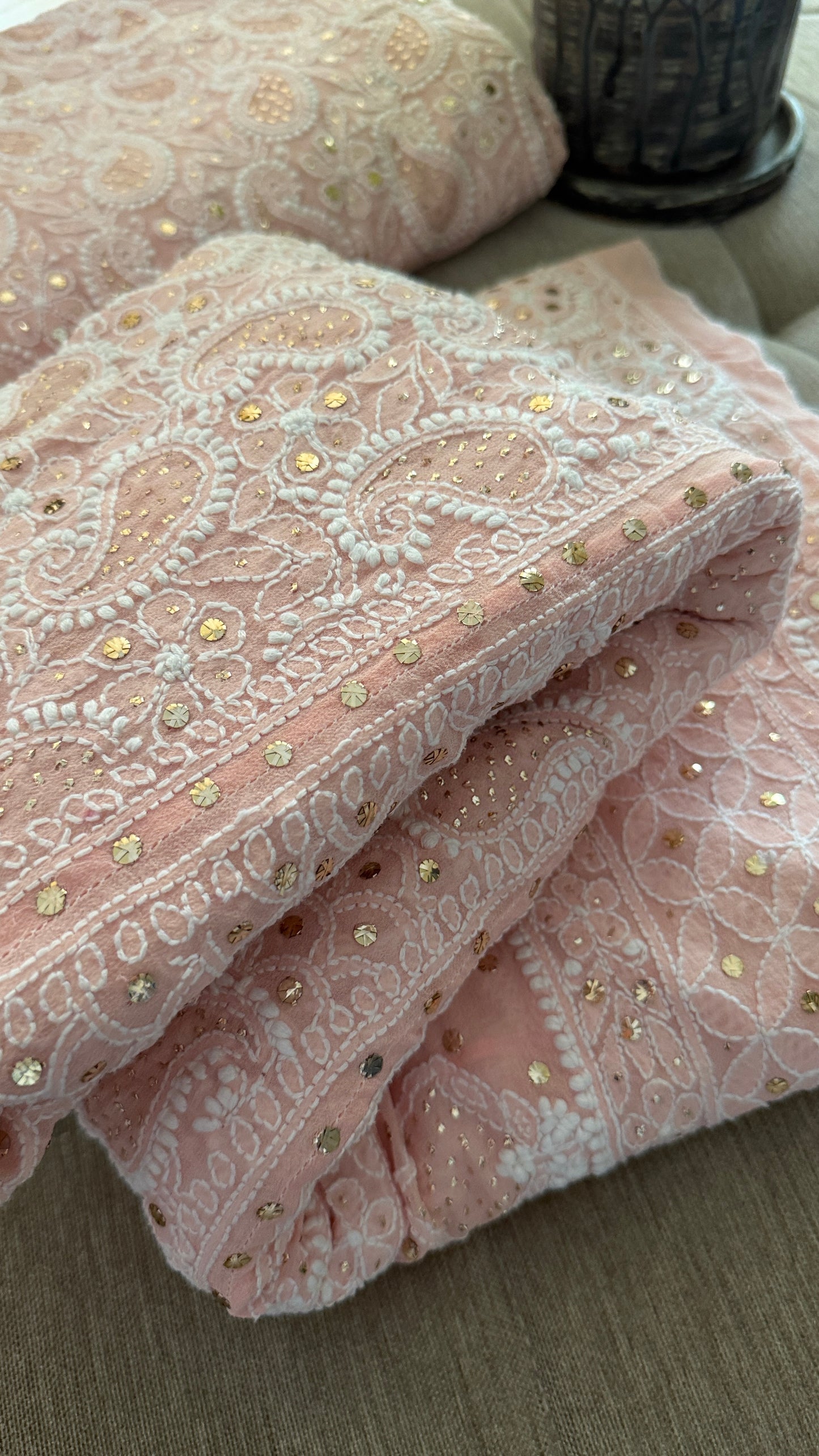 Pastel Pink Mukaish Chikankari Lehenga Set