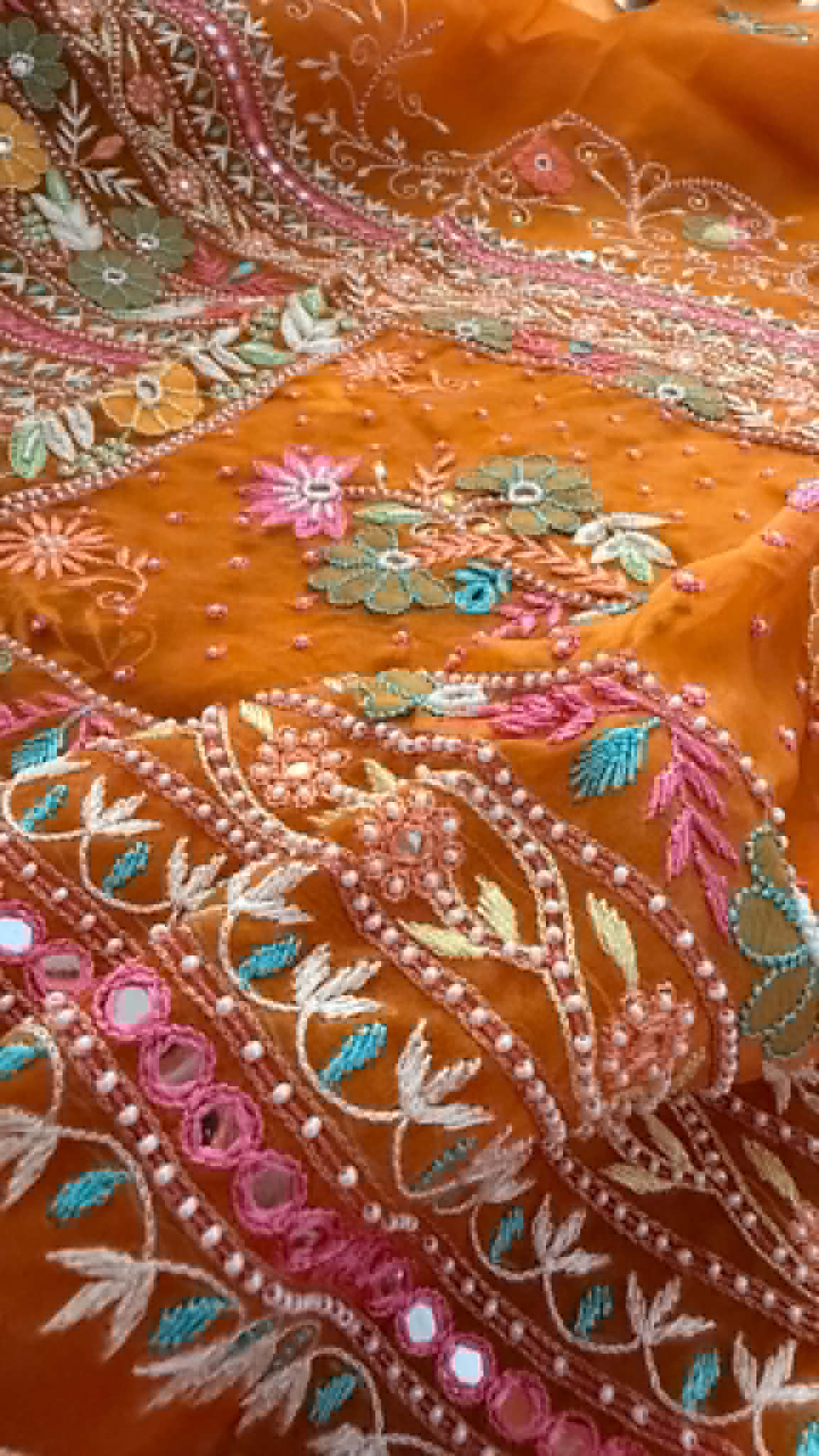 Luxury Pearl Handcrafted Organza Chikankari Suit- Rust