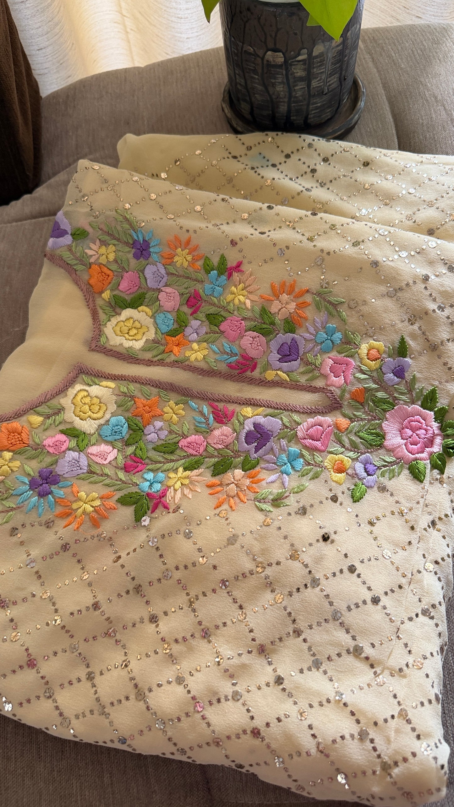 Beige Multicolour Neckline Kamdani Suit
