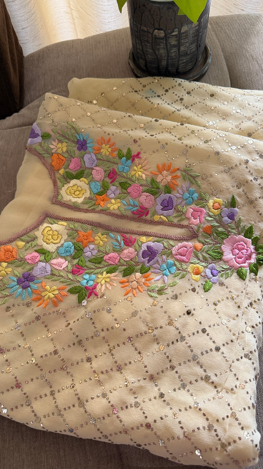 Beige Multicolour Neckline Kamdani Suit