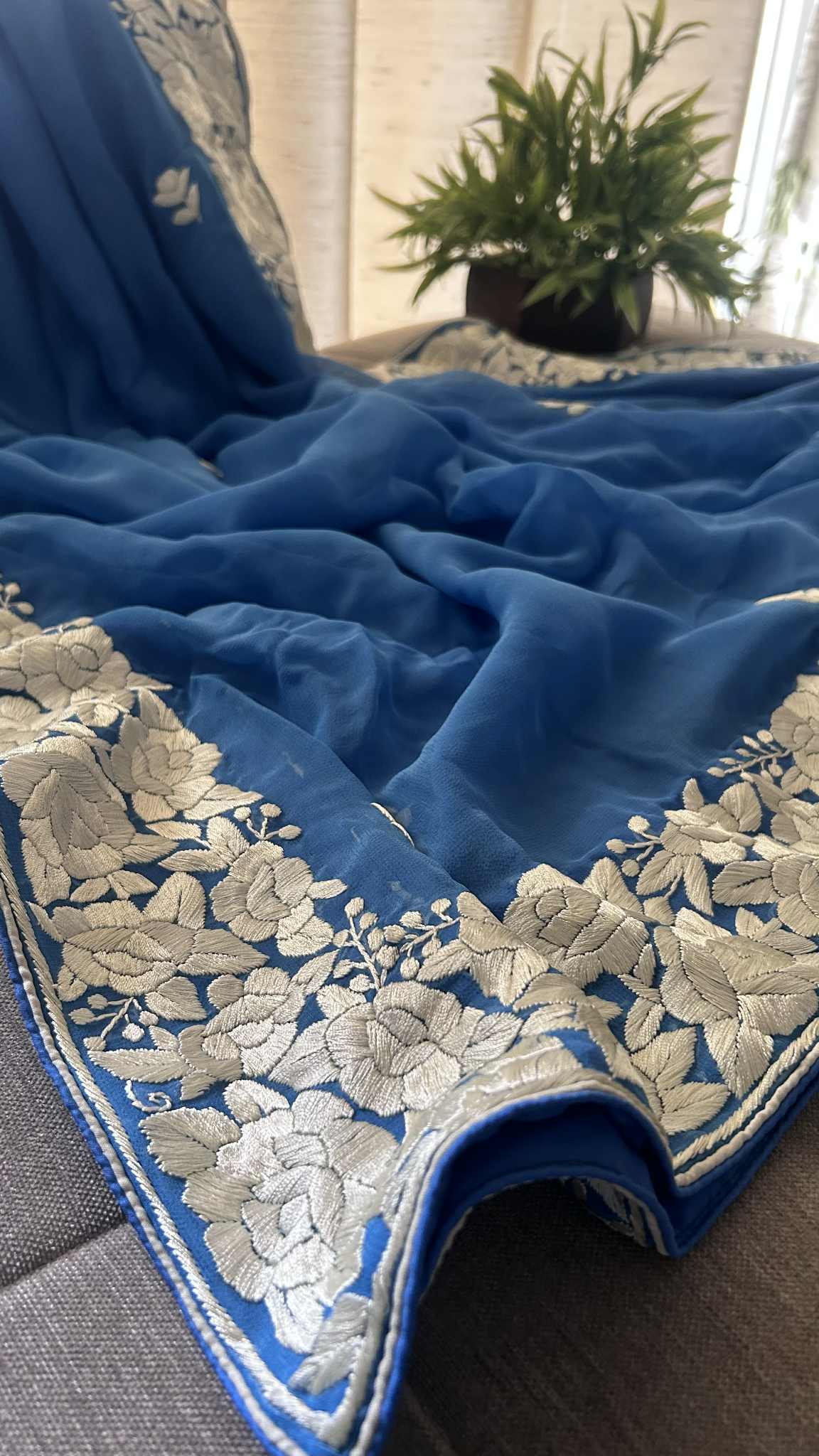 Pre Order Blue & Ivory Parsi Gara Dupatta