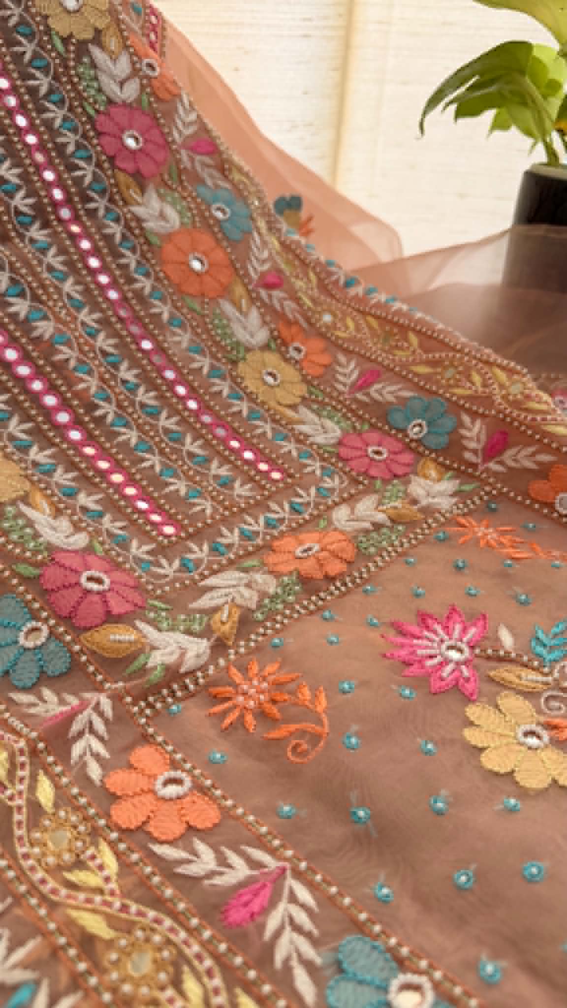 Luxury Pearl Handcrafted Organza Chikankari Suit- Peach
