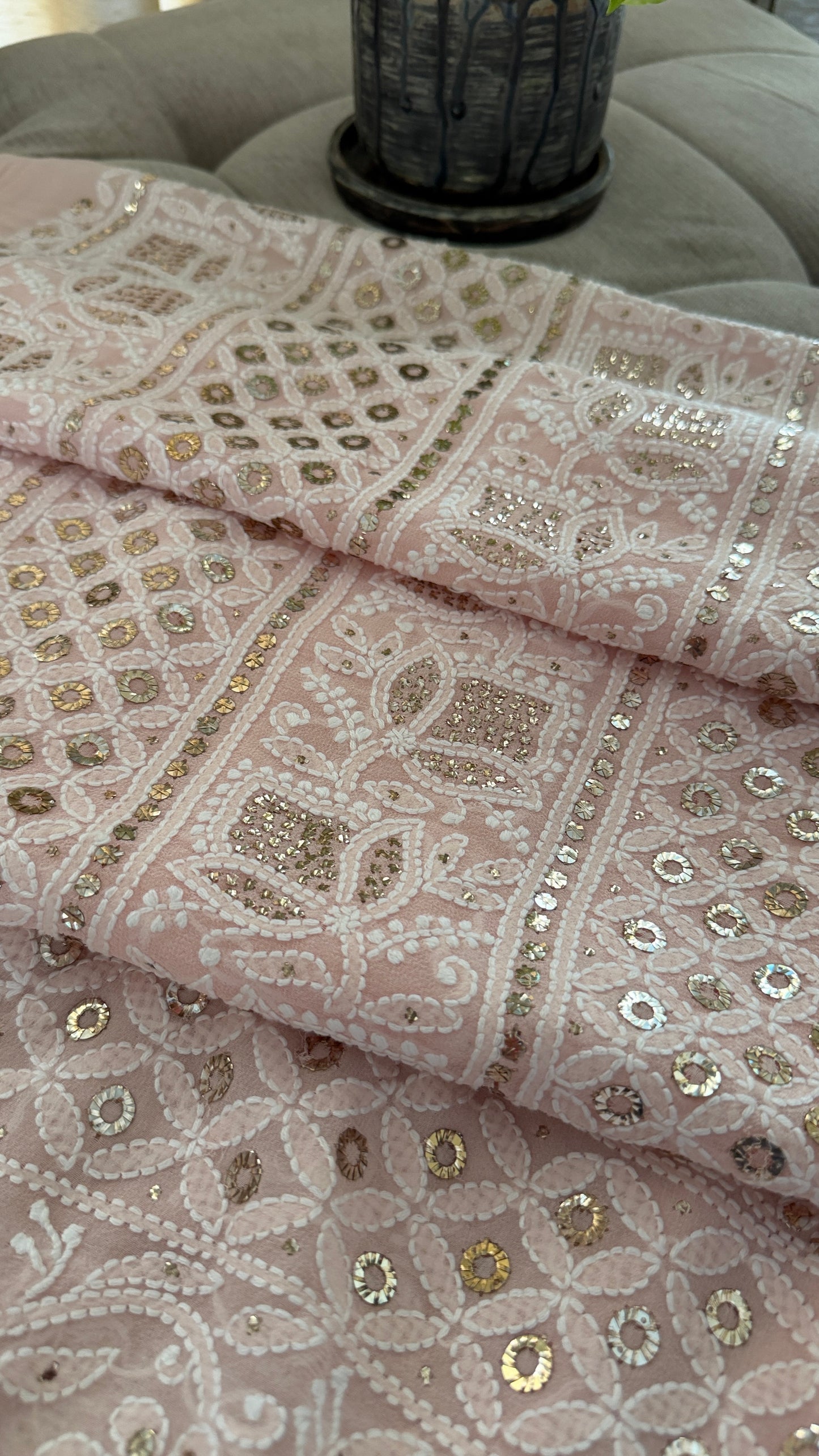 Powder Pink Ring Mukaish Chikankari Suit (Kurta & Dupatta)