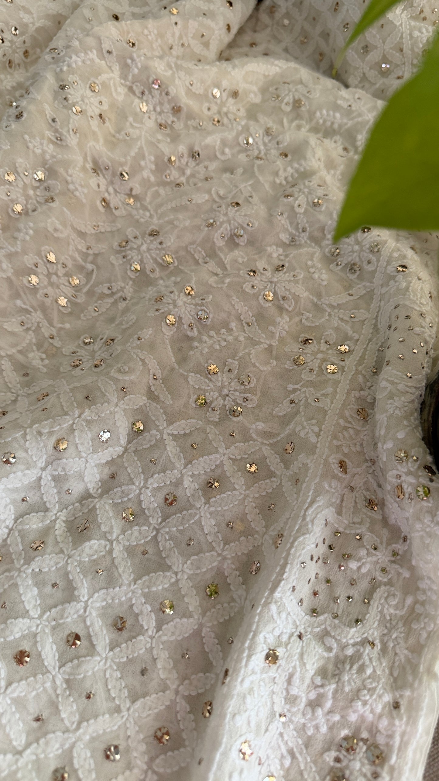 Ivory Pure Georgette Mukaish Chikankari Saree