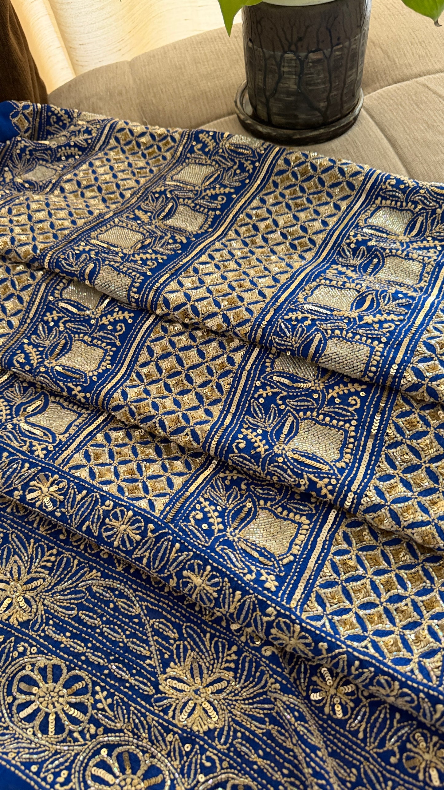 Masterpiece Royal Blue Gold Lucknawi Chikankari Suit (Kurta & Dupatta)