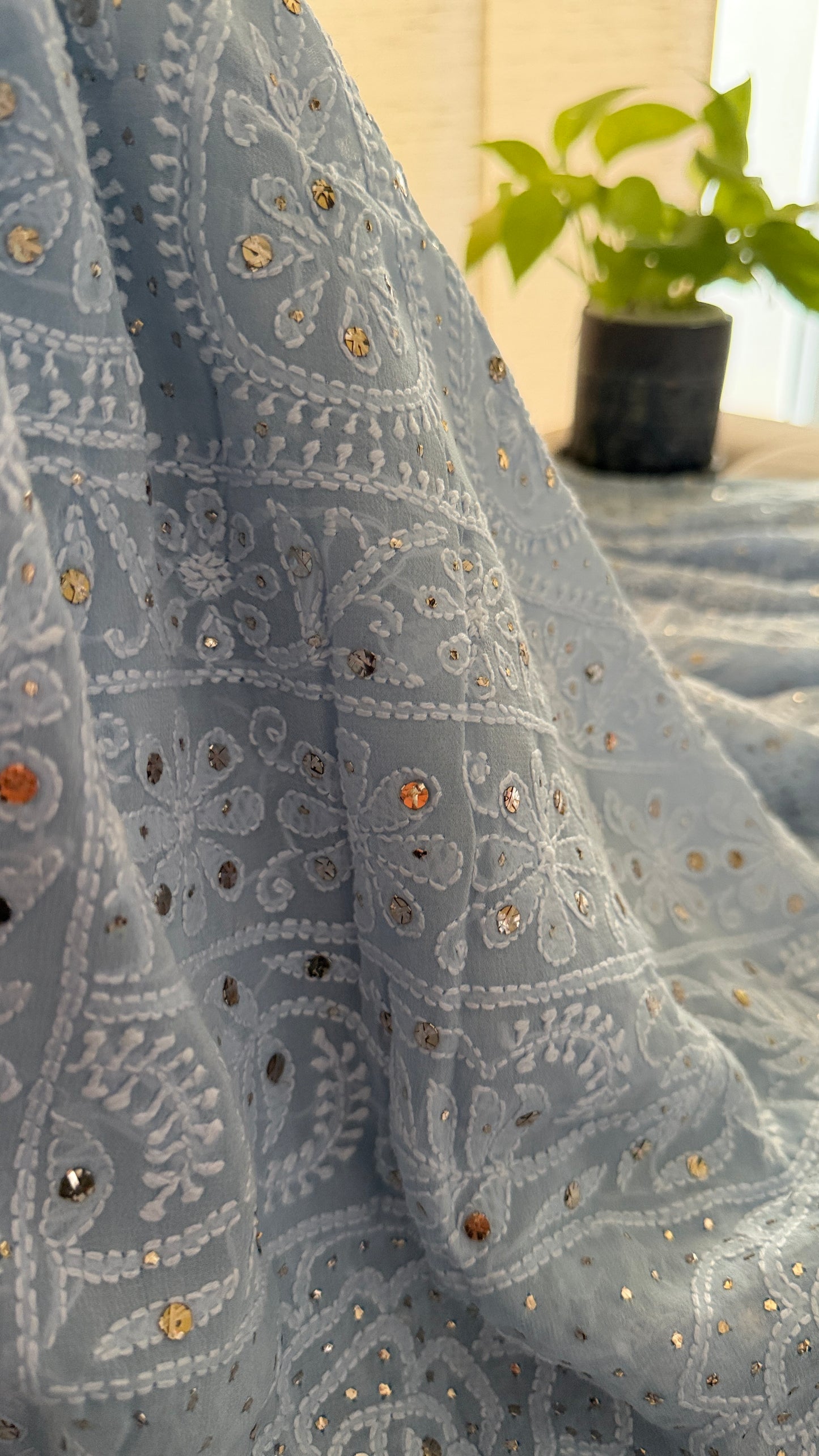 Powder Blue Mukaish Chikankari Saree