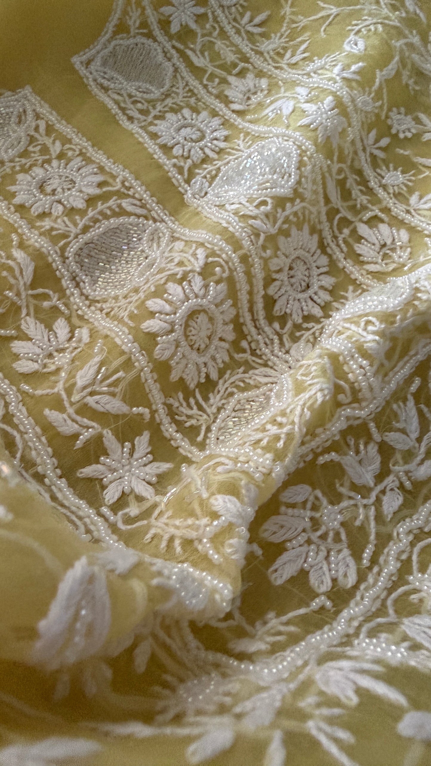 Designer Yellow Organza Cut Dana Pearl Chikankari Suit