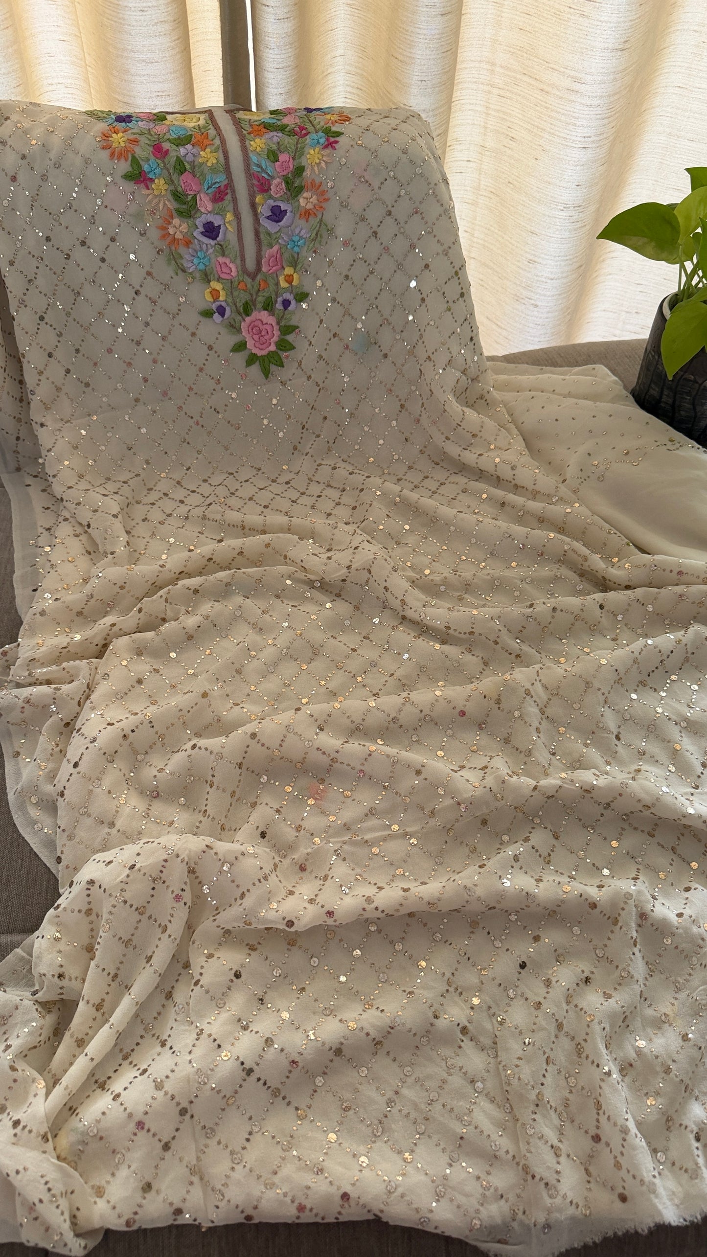 Ivory White Multicolour Neckline Kamdani Suit