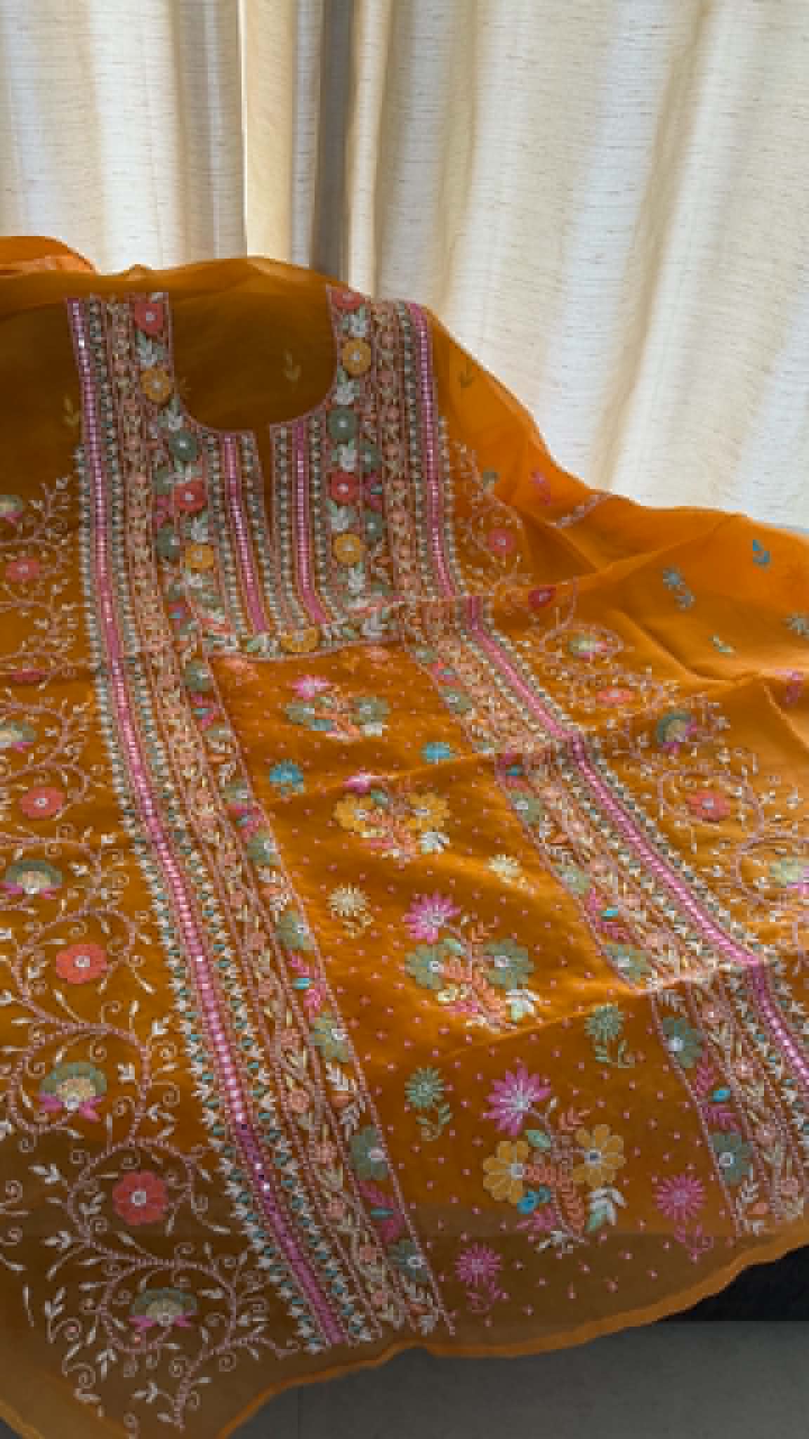 Luxury Pearl Handcrafted Organza Chikankari Suit- Rust