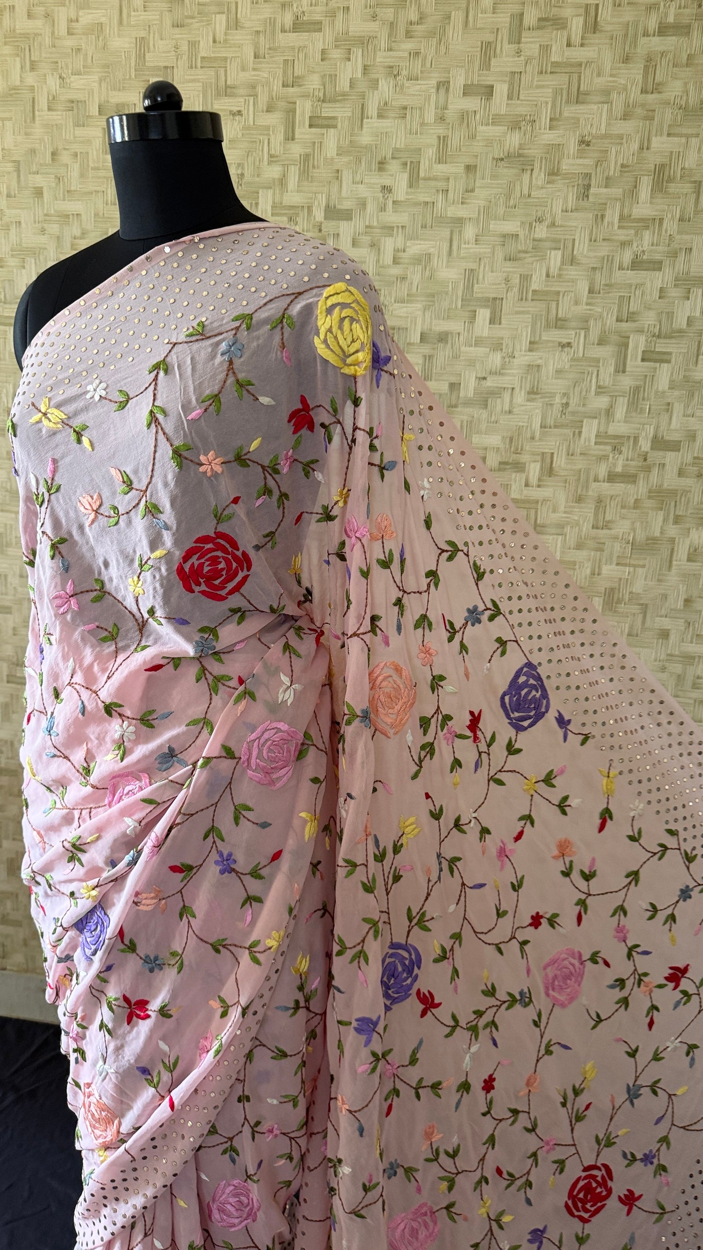 Floral Parsi Gara Embroidered Mukaish Saree