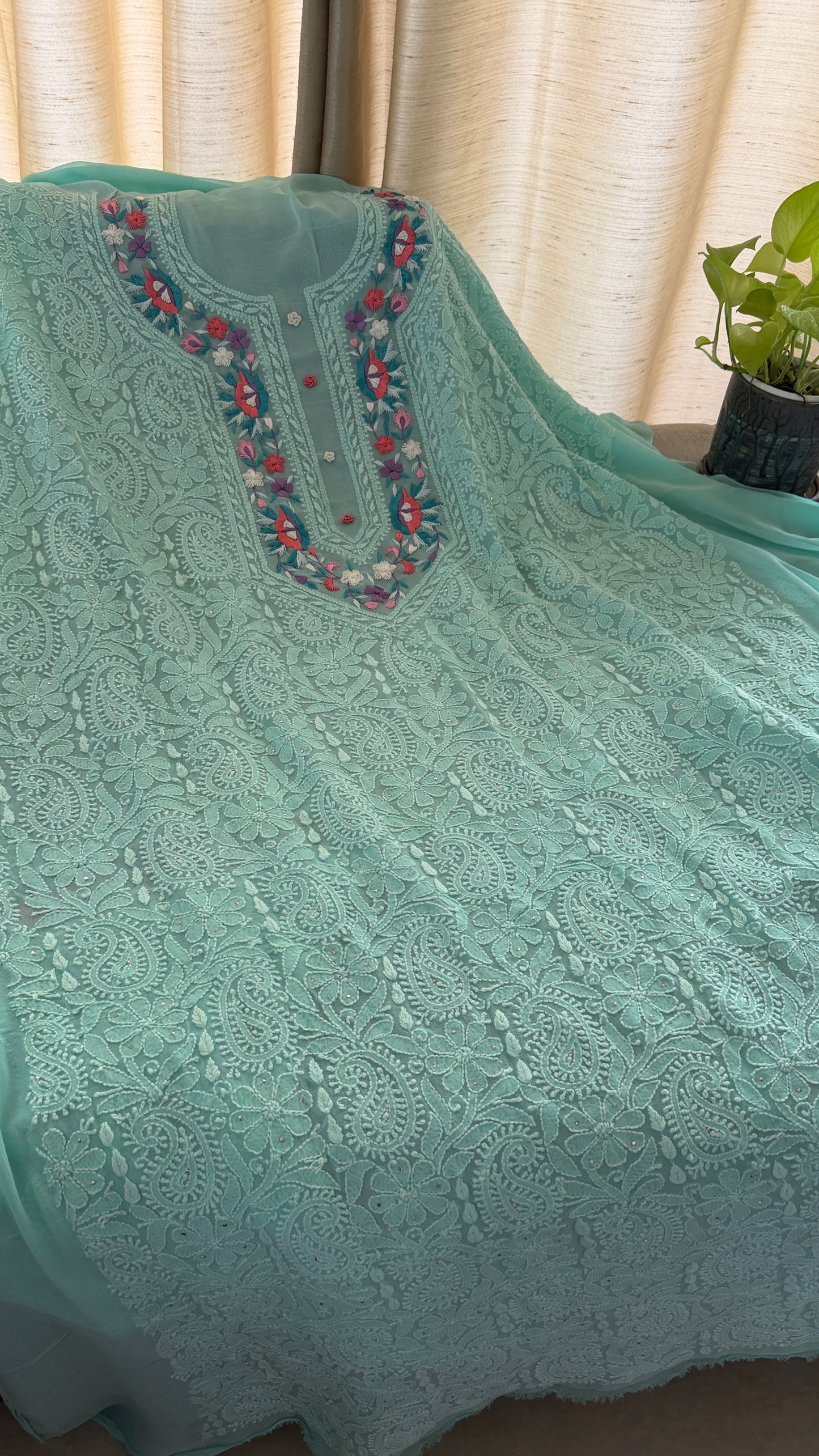 Sea Green Parsi Gara Chikankari Suit