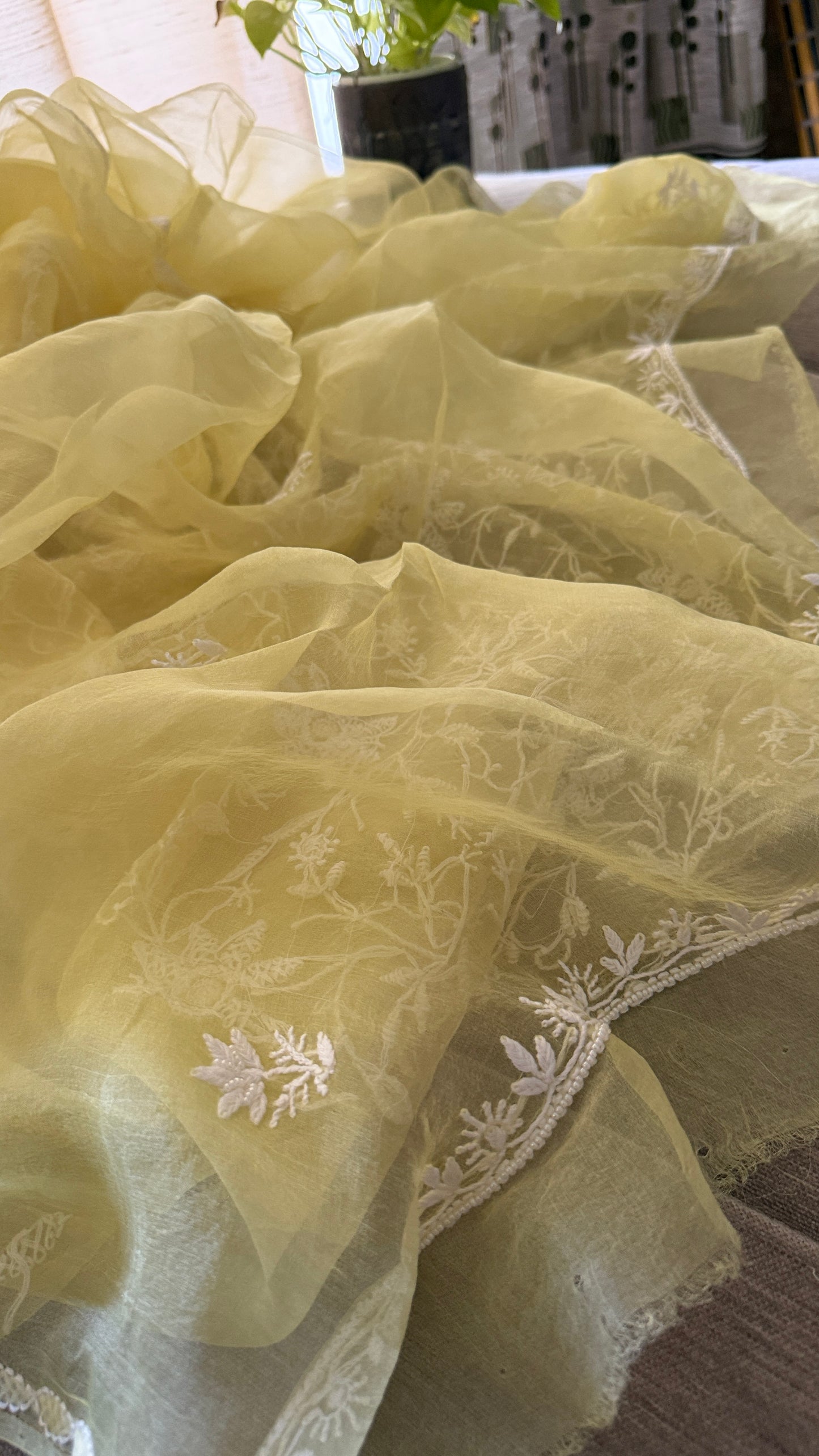 Designer Yellow Organza Cut Dana Pearl Chikankari Suit