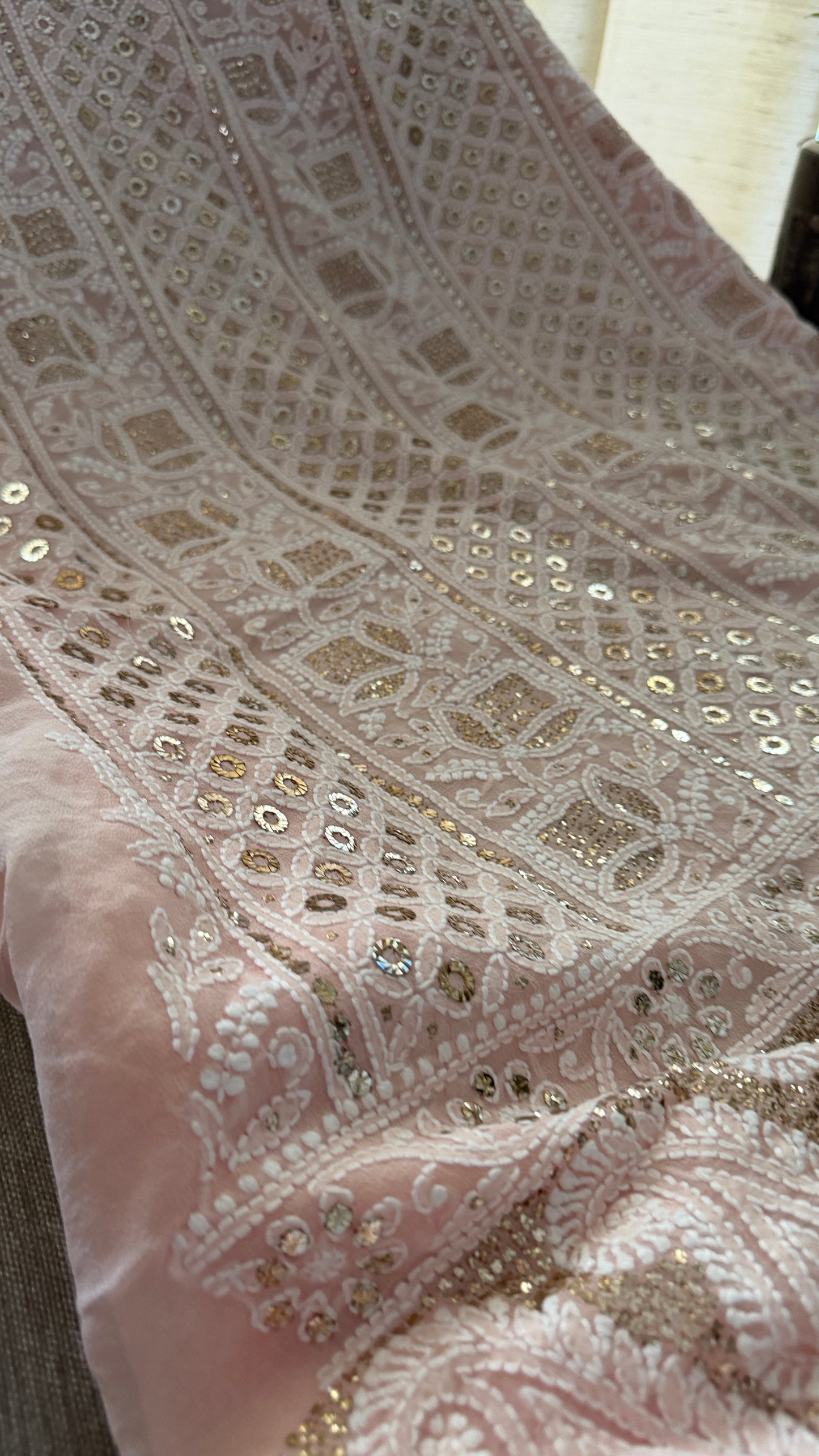 Powder Pink Ring Mukaish Chikankari Suit (Kurta & Dupatta)