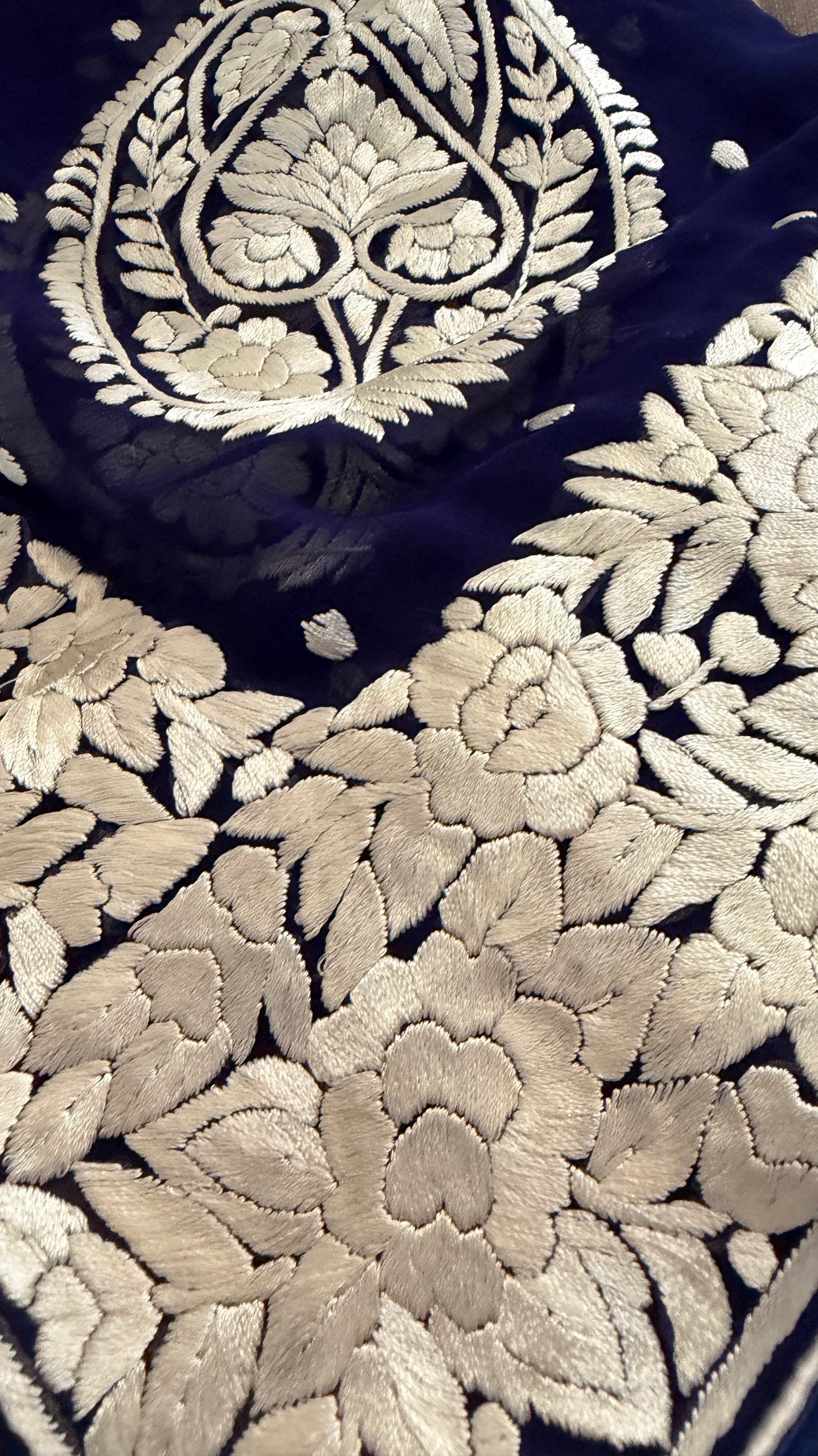 Heirloom Navy Ivory Pure Georgette Parsi Gara Dupatta