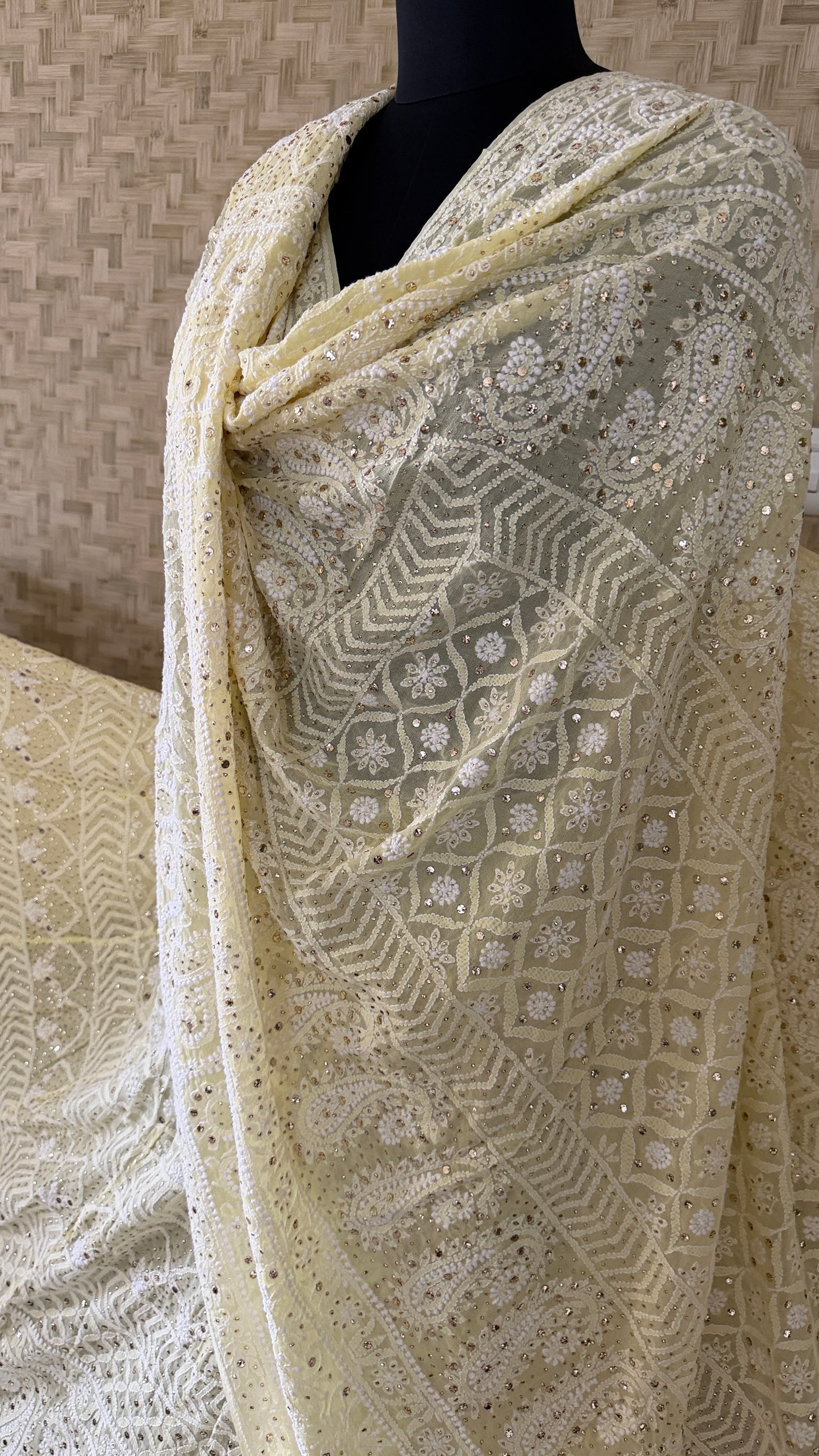 Lemon Yellow Mukaish Chikankari Lehenga Set