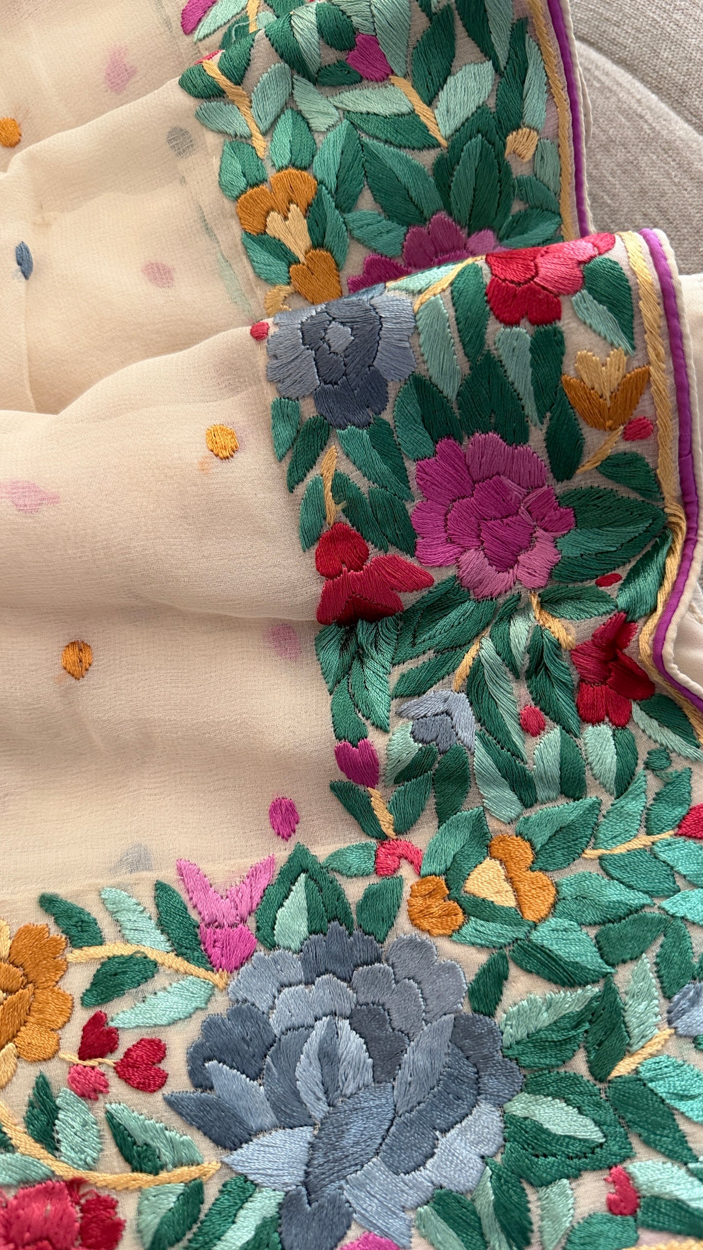 Artisanal Cream Multicolour Parsi Gara Dupatta