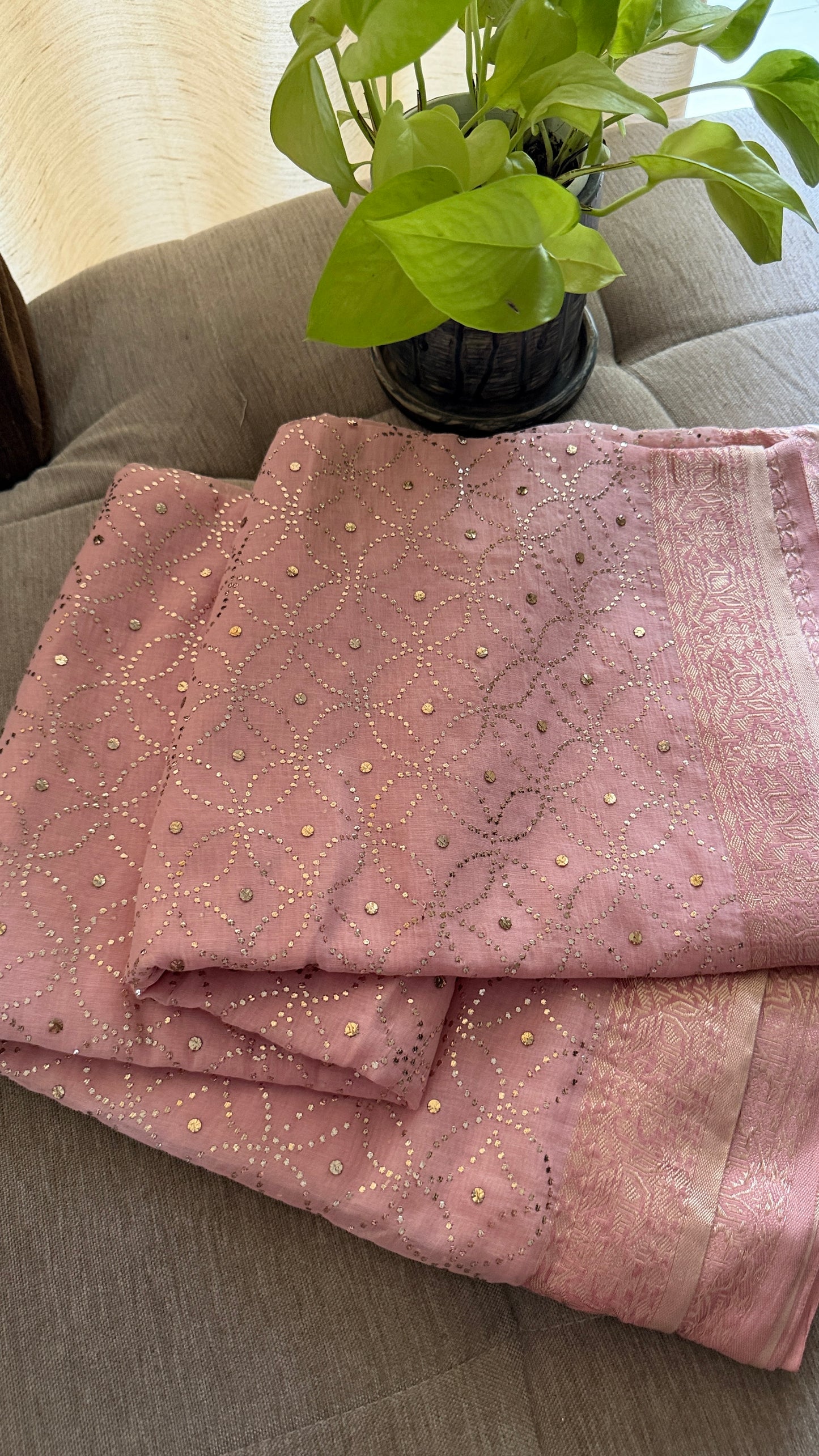 Baby Pink Cotton Chanderi Mukaish Saree for Women