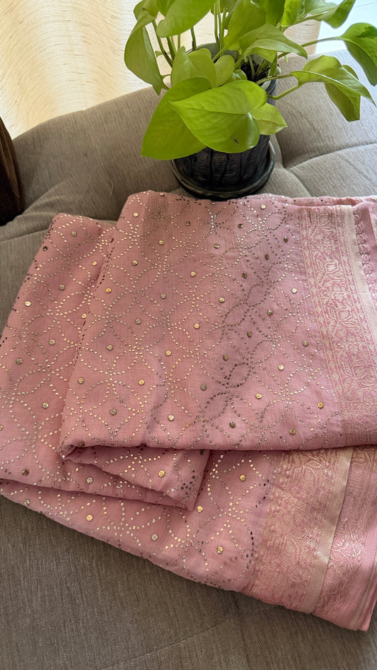 Baby Pink Cotton Chanderi Mukaish Saree for Women