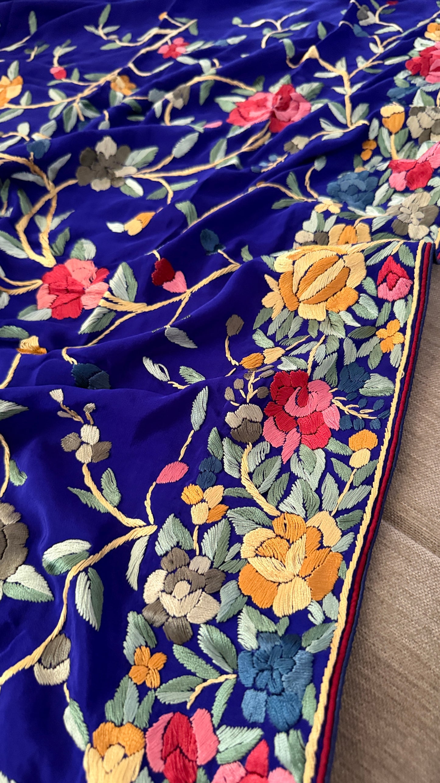 Royal Blue Floral Parsi Gara Suit (Three Piece)