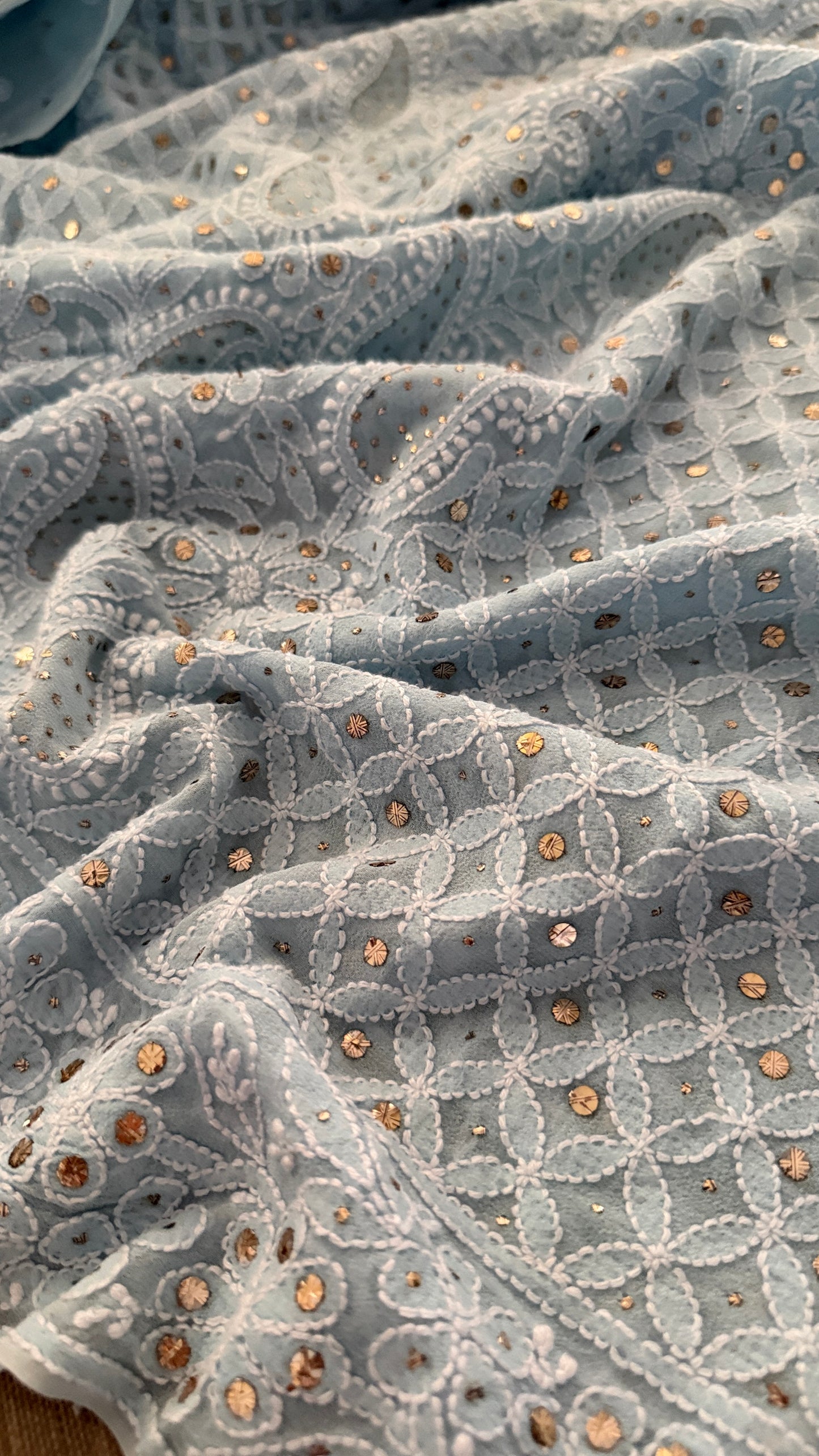 Exclusive Powder Blue Mukaish Chikankari Saree