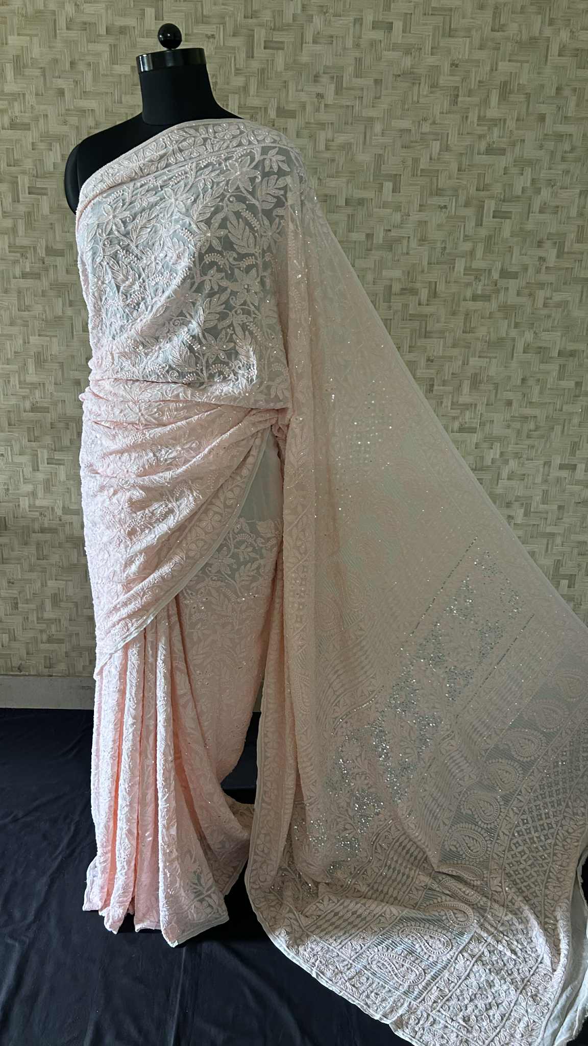 Peachy Pink Cut Dana Sequin Chikankari Saree