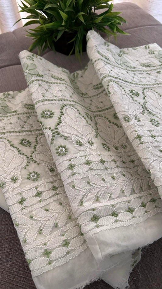 Cream & Green Cotton Chikankari Kurti Fabric (Kurti Fabric)