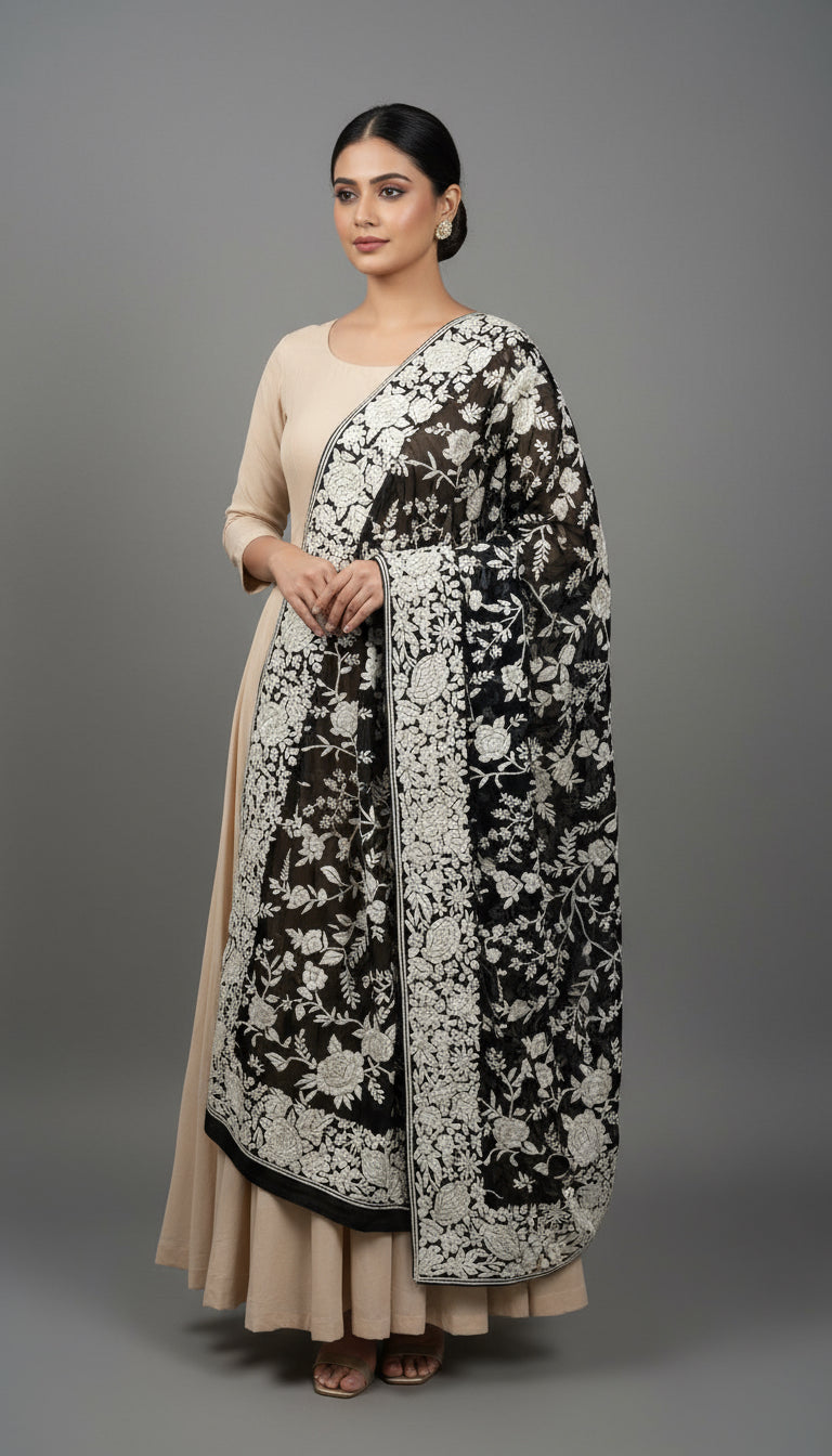 Pre Order Black & Ivory Parsi Gara Hand Embroidered Dupatta