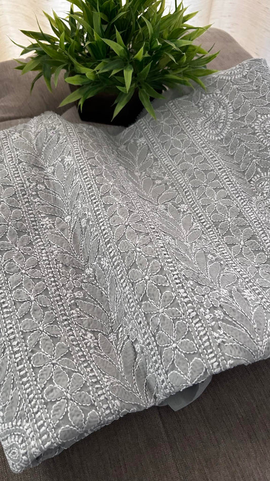 Grey Cotton Chikankari Kurti Fabric (Kurti Fabric)