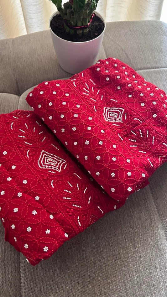 Red Pearl Chikankari Suit (Kurta & Dupatta)