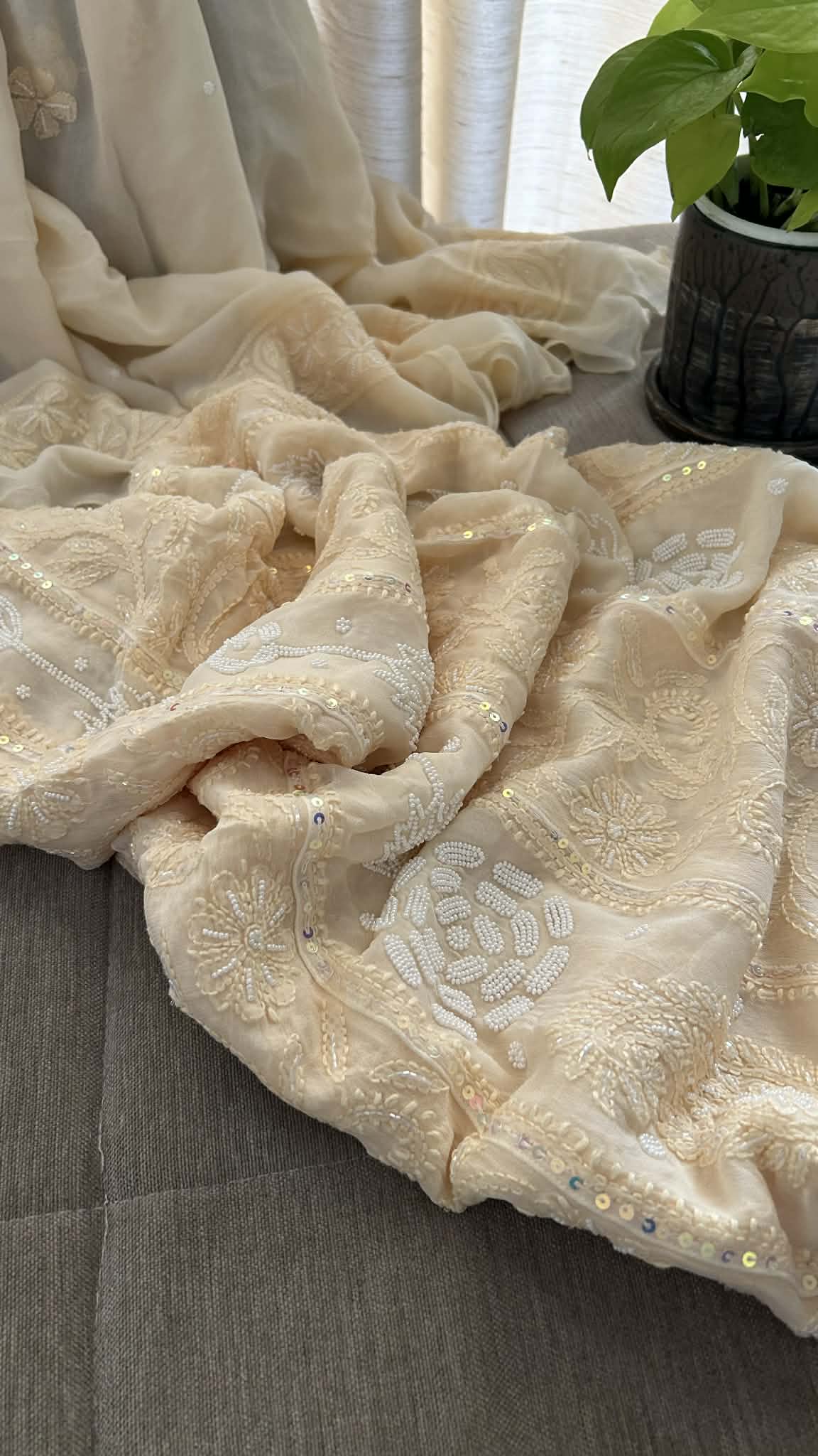 Beige Pearl Chikankari Anarkali Suit