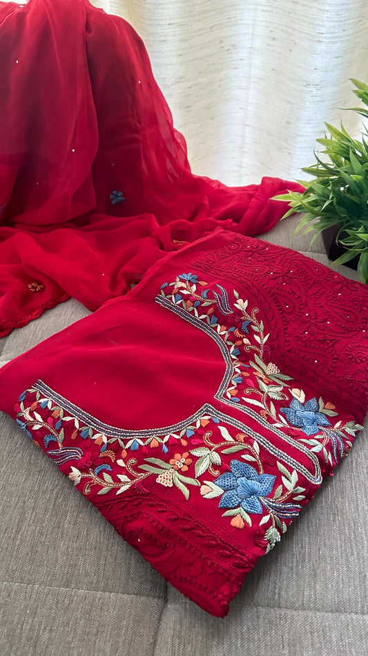 Red Chikankari & Kamdani Multicolour Neckline Suit - Eid Collection