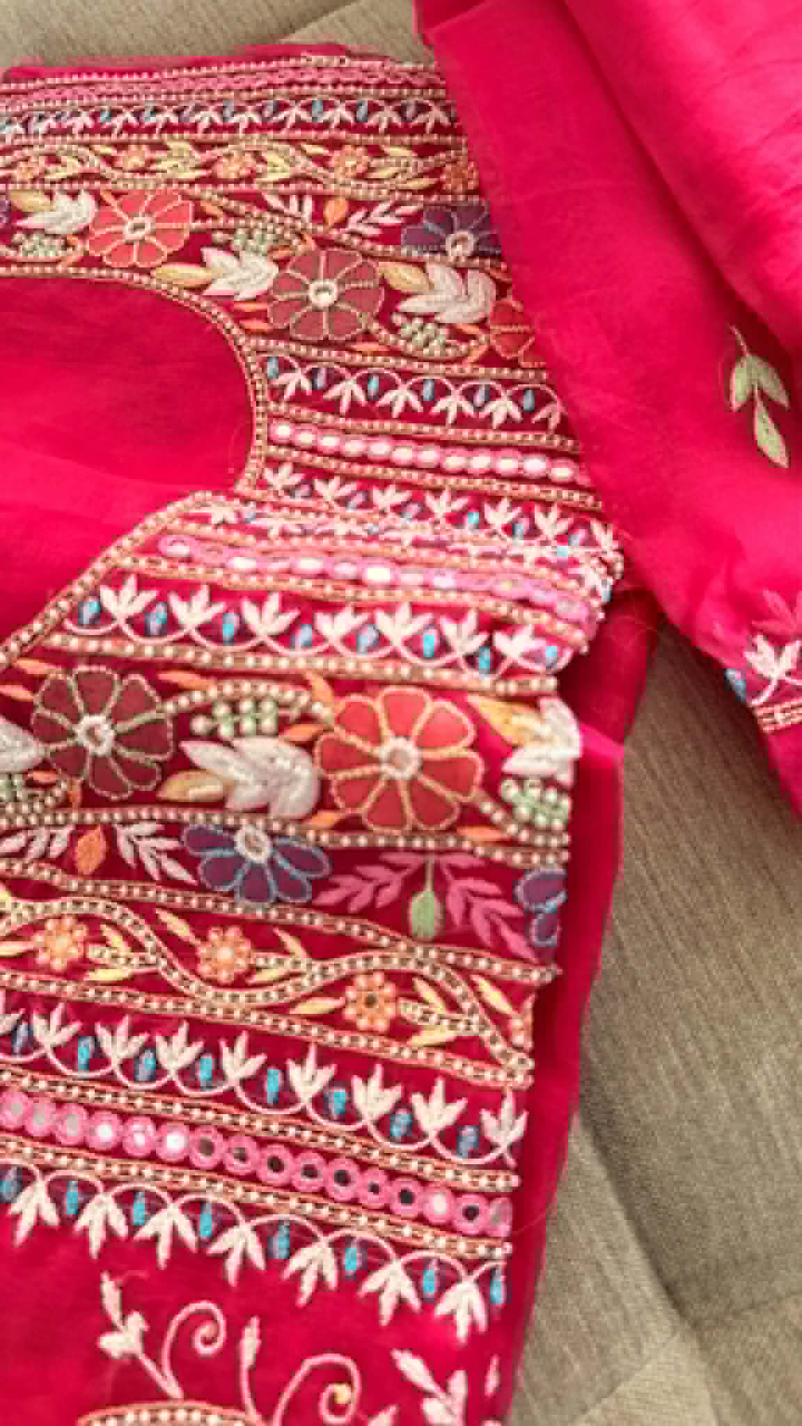Luxury Pearl Handcrafted Organza Chikankari Suit- Magenta
