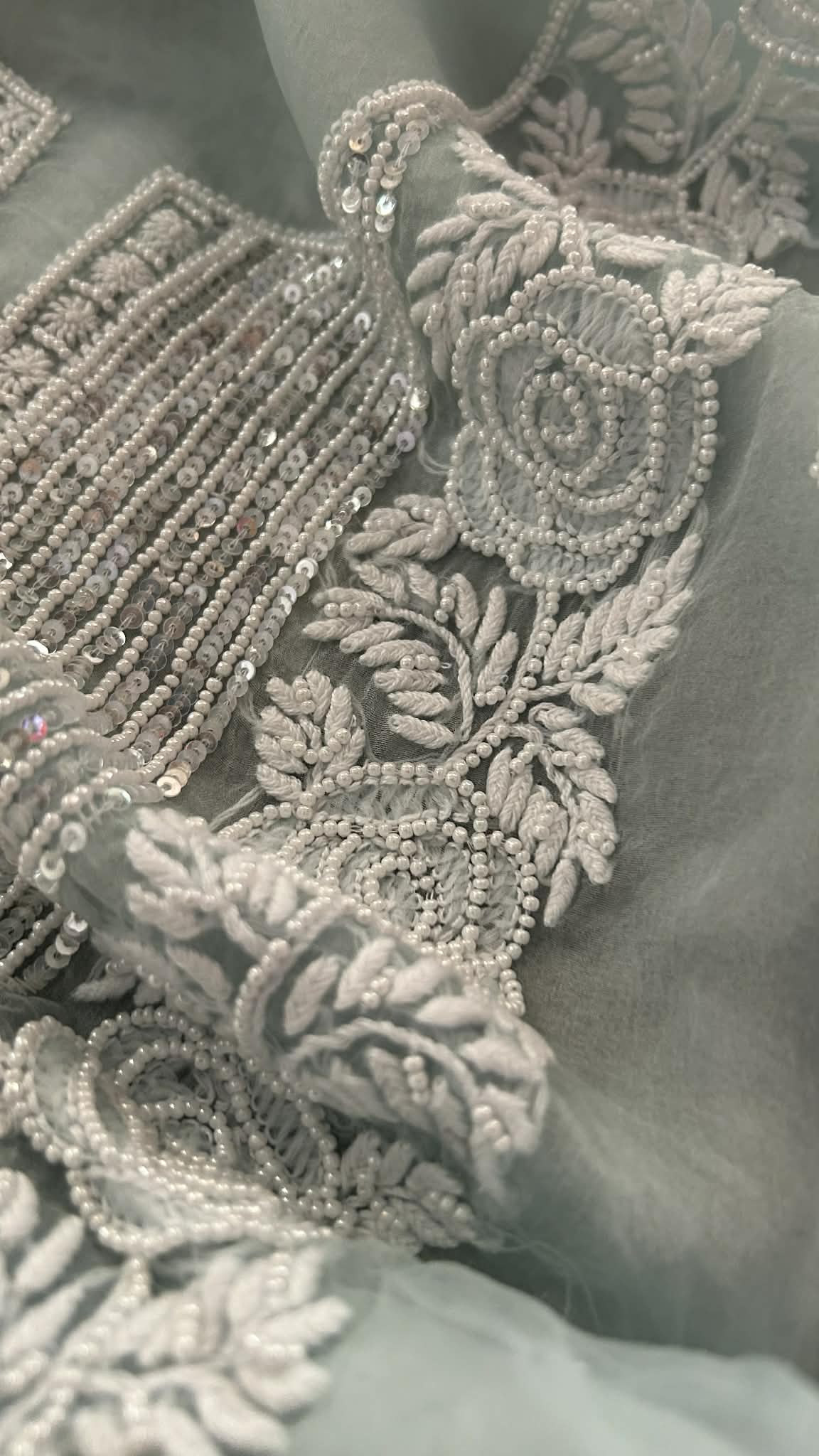 Exclusive Sage Green Organza Pearl Chikankari Suit