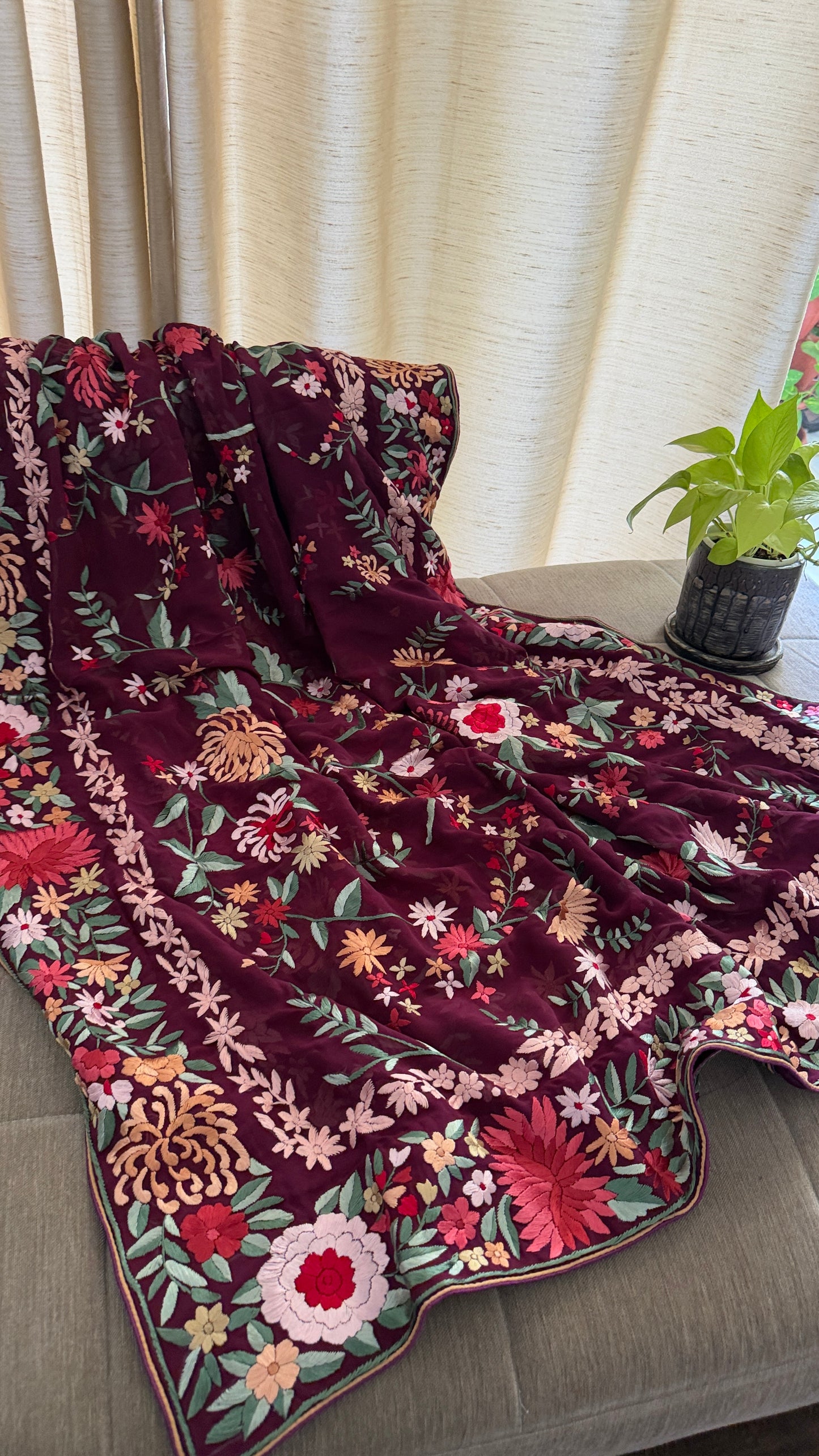 Burgundy Floral Parsi Gara Dupatta