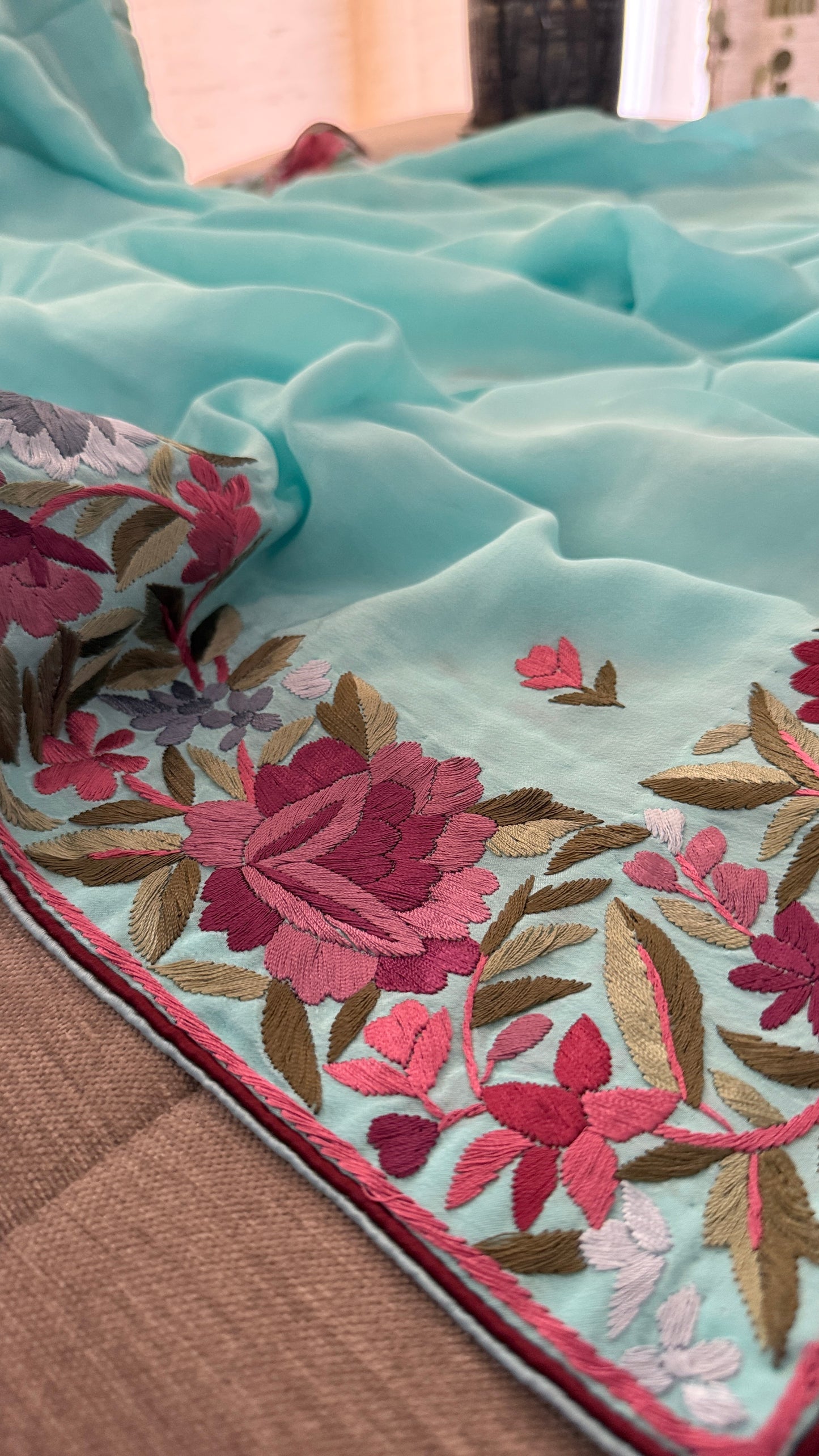 Designer Aqua Green Crepe Silk Parsi Gara Dupatta
