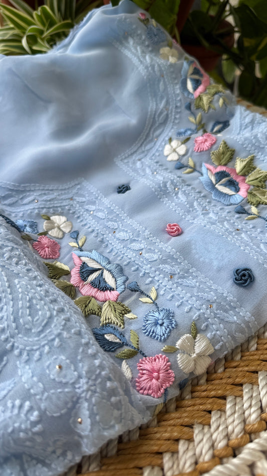 Powder Blue Parsi Gara Chikankari Suit