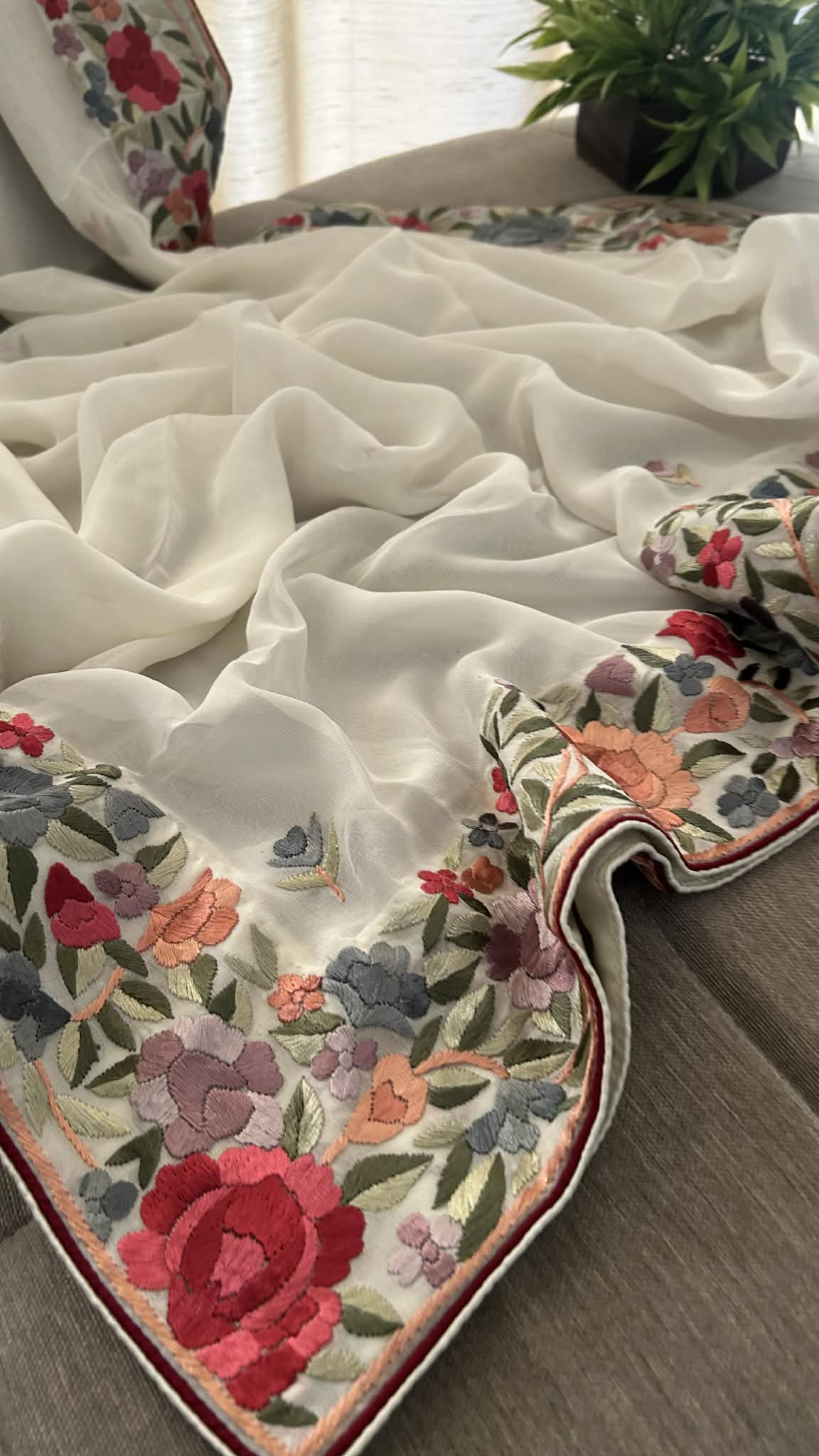 Designer Ivory White Parsi Gara Dupatta